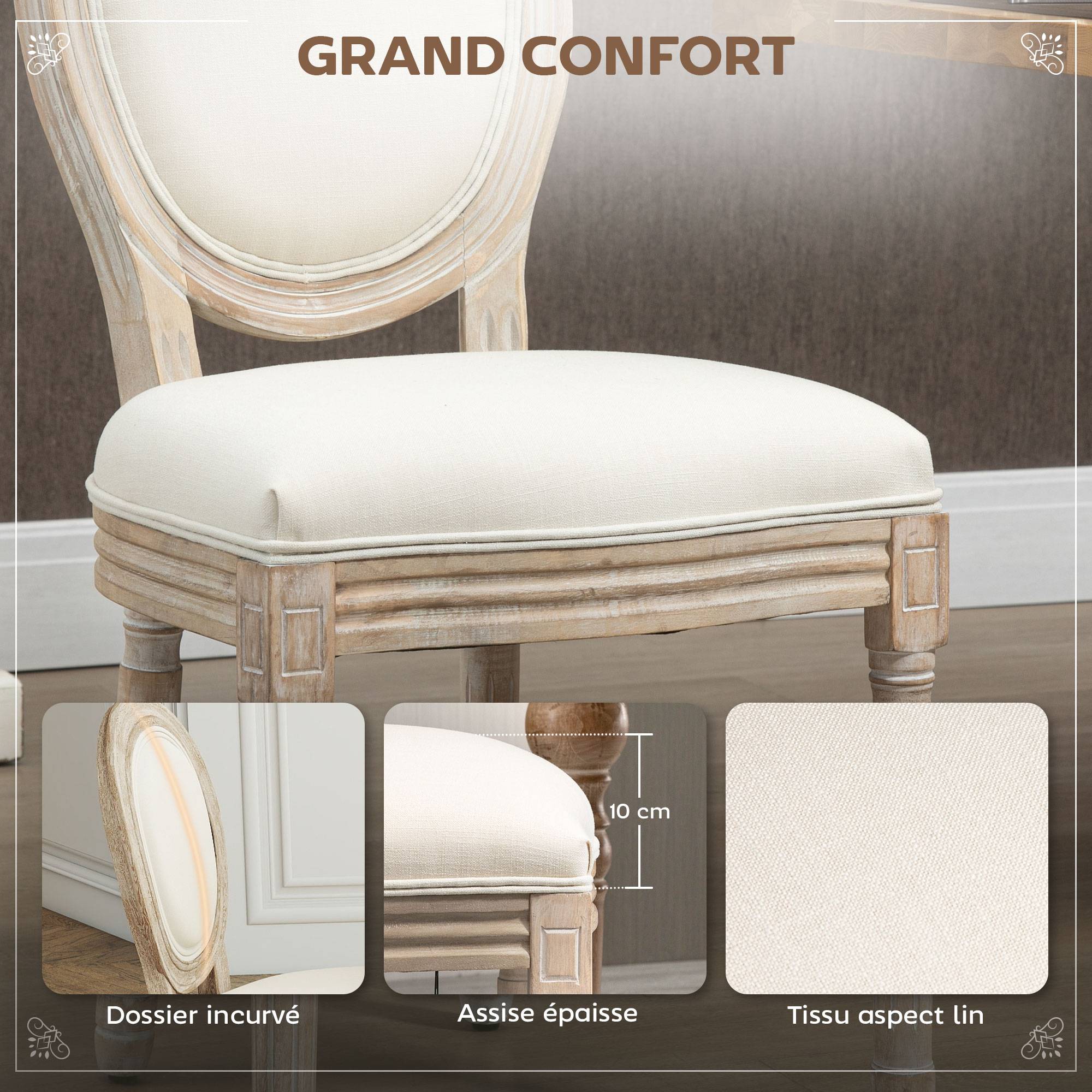 Lot de 2 chaises de Salle à Manger - Chaise de Salon médaillon Style Louis XVI Aspect Lin Crème - Image 7