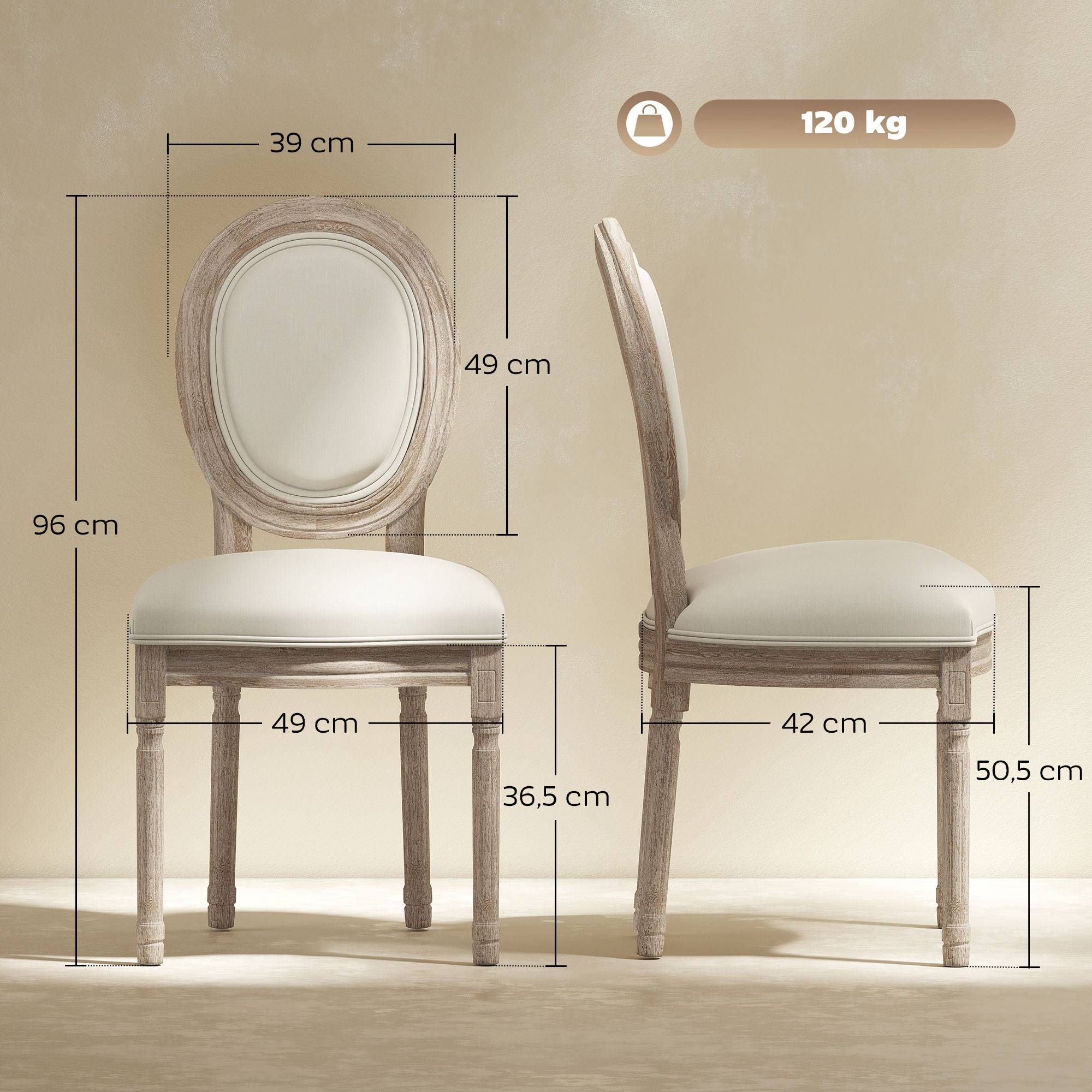 Lot de 2 chaises de Salle à Manger - Chaise de Salon médaillon Style Louis XVI Aspect Lin Crème - Image 5