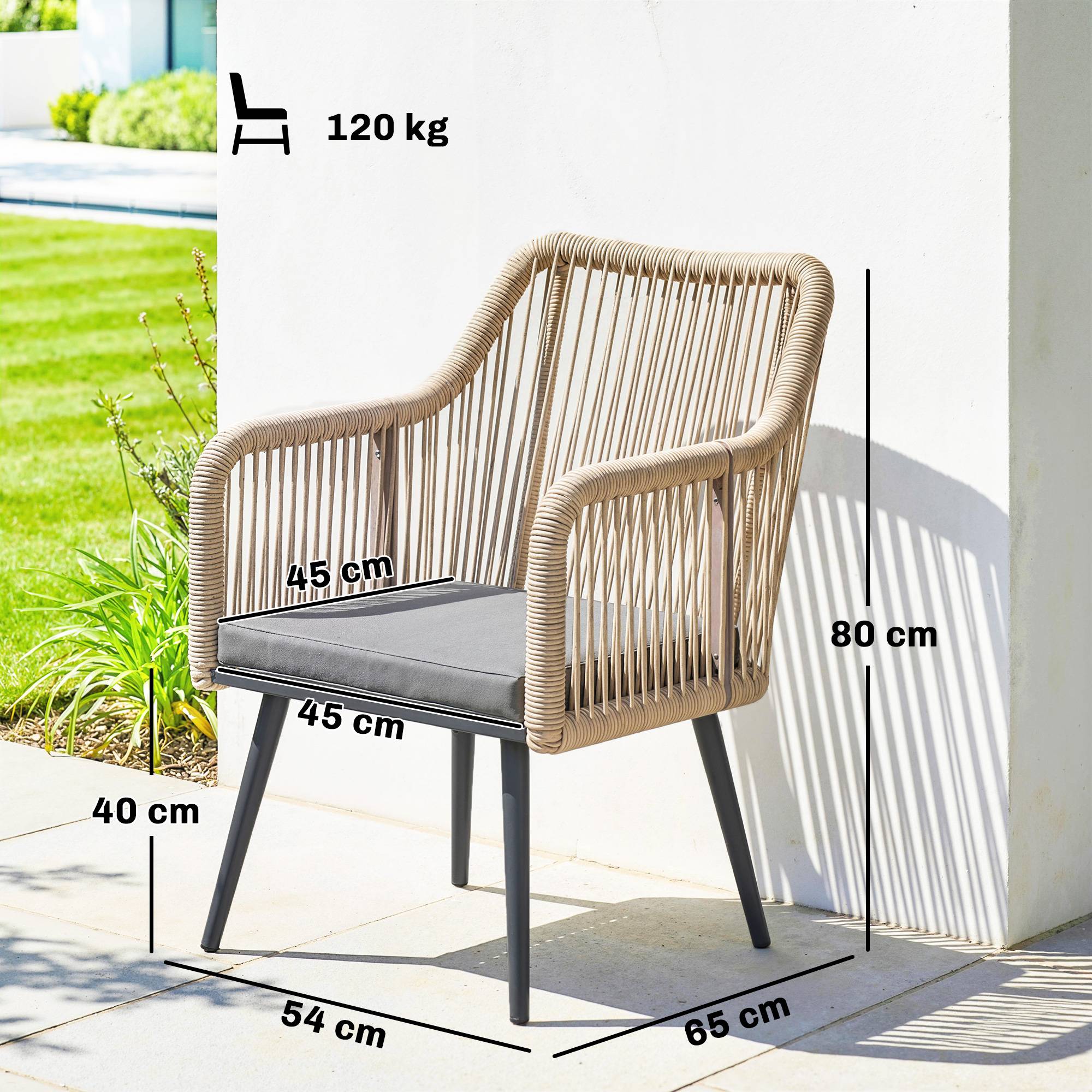 Lot de 2 fauteuils de jardin : résistants, accoudoirs, coussins, cadre métal, capacité 120 kg, gris clair - Image 3