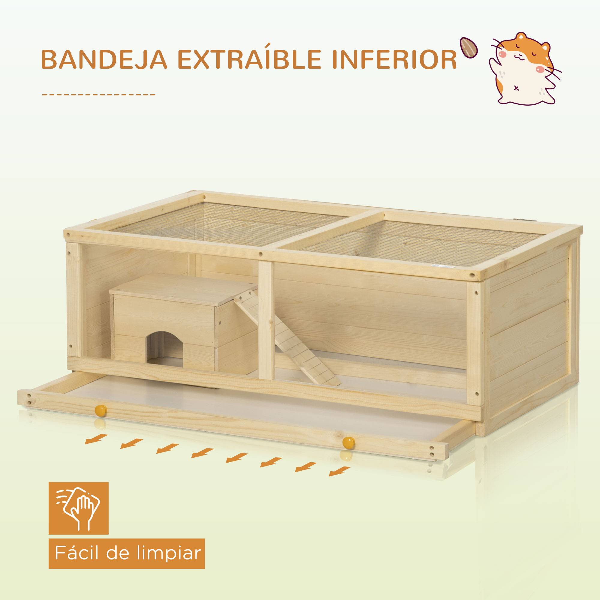 Cage en bois pour hamster avec toit à charnières, panneau en acrylique, bac et niche amovibles, 100 x 58 x 38 cm, naturel - Image 8