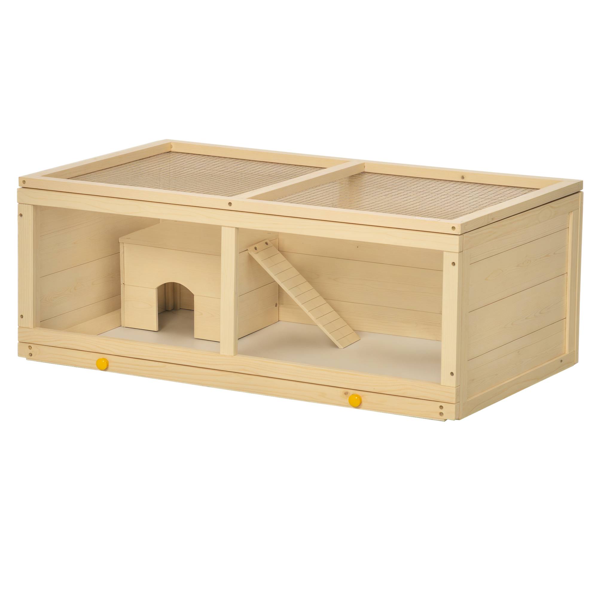 Cage en bois pour hamster avec toit à charnières, panneau en acrylique, bac et niche amovibles, 100 x 58 x 38 cm, naturel - Image 1
