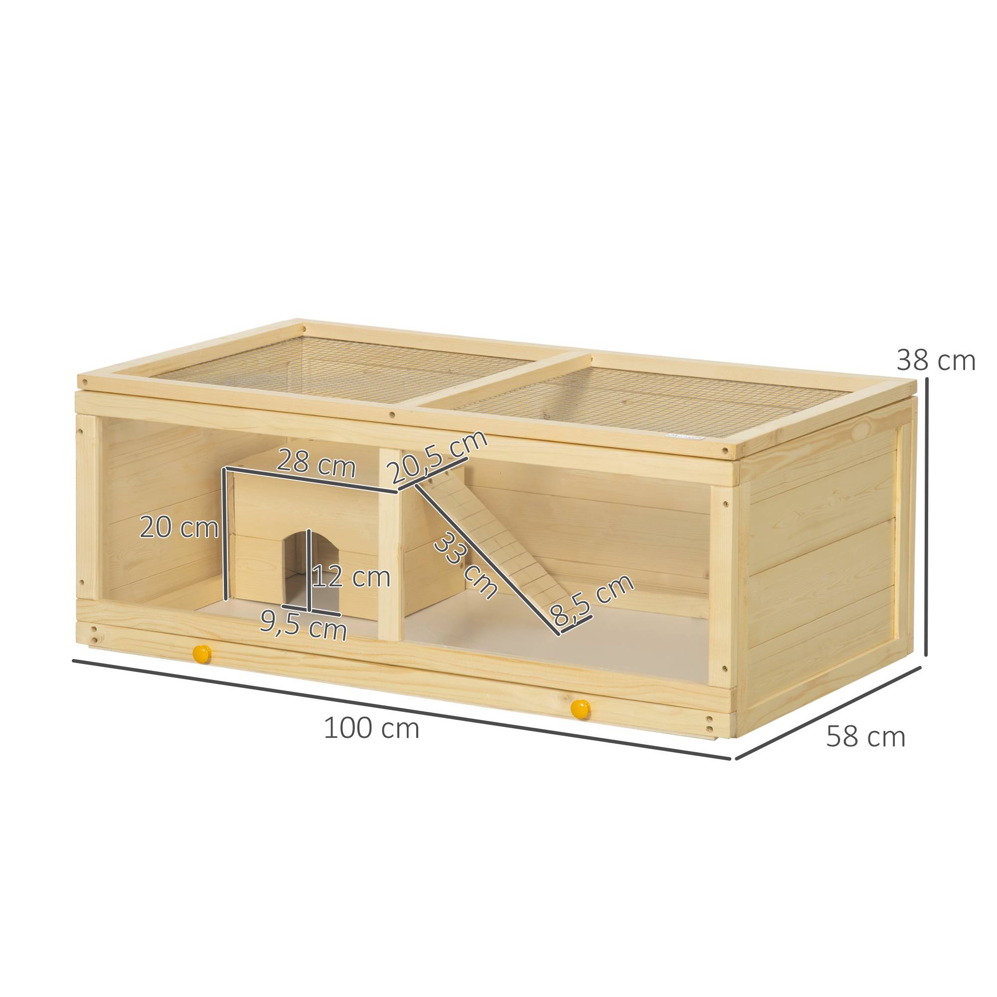 Cage en bois pour hamster avec toit à charnières, panneau en acrylique, bac et niche amovibles, 100 x 58 x 38 cm, naturel - Image 5