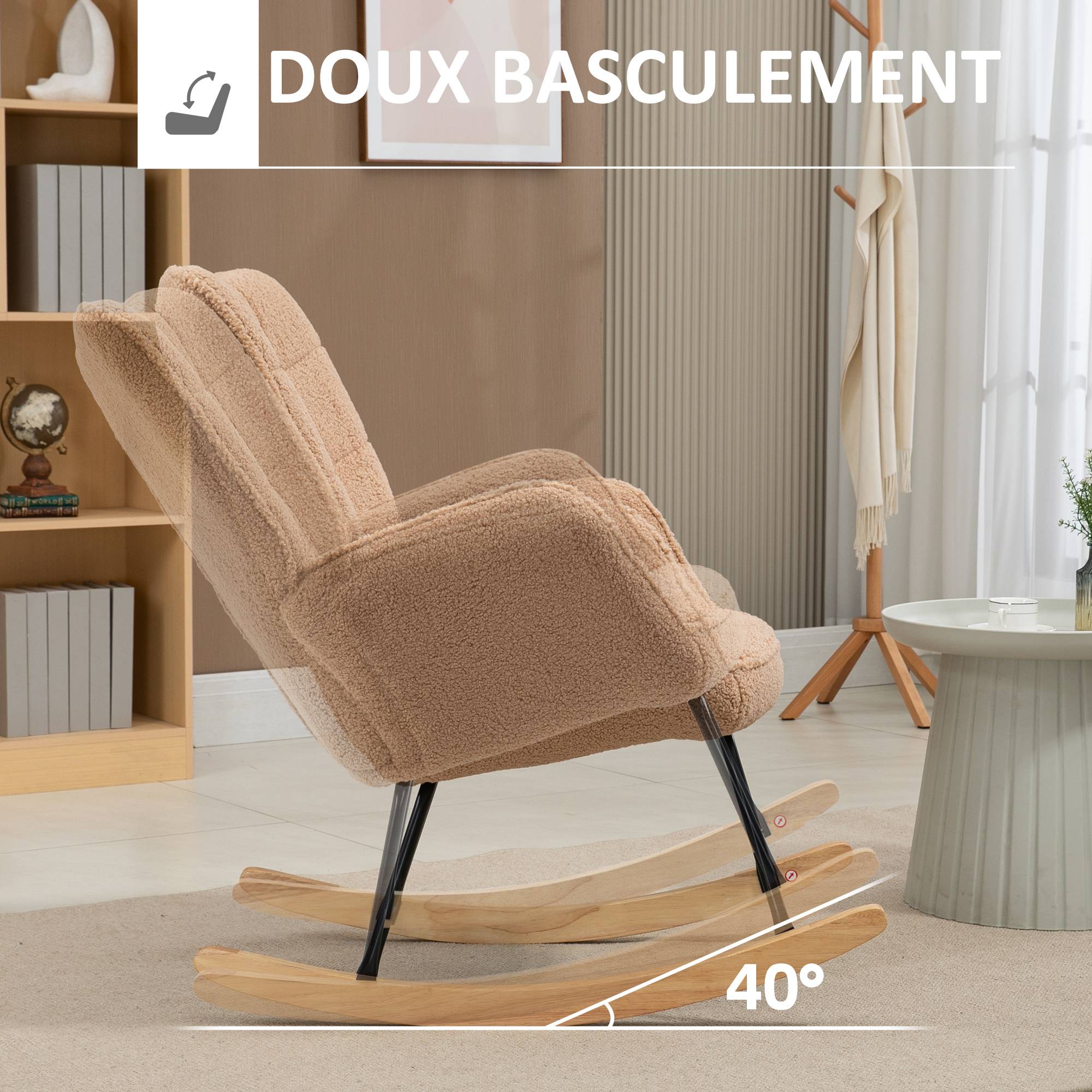 Fauteuil à bascule rocking chair revêtement effet laine bouclée, structure en acier 71 x 98 x 101 cm marron - Image 6