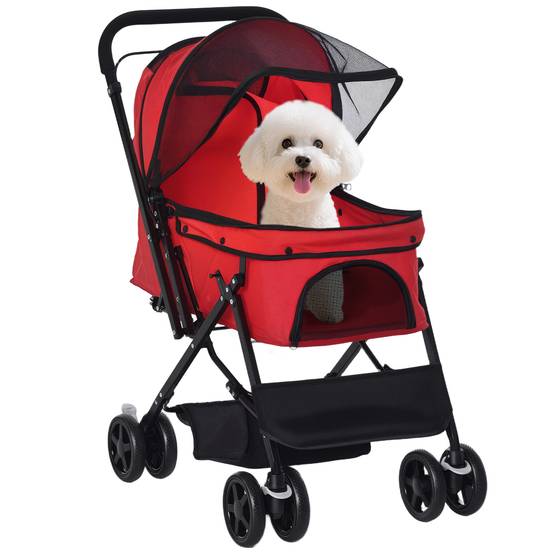 Poussette pliable pour chien avec poignée réversible, fenêtre en filet et panier de rangement, 76,5 x 52 x 95 cm, rouge - Image 1