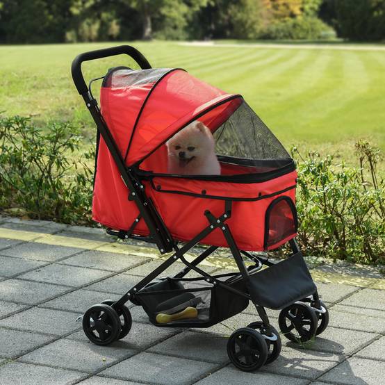 Poussette pliable pour chien avec poignée réversible, fenêtre en filet et panier de rangement, 76,5 x 52 x 95 cm, rouge - Image 4