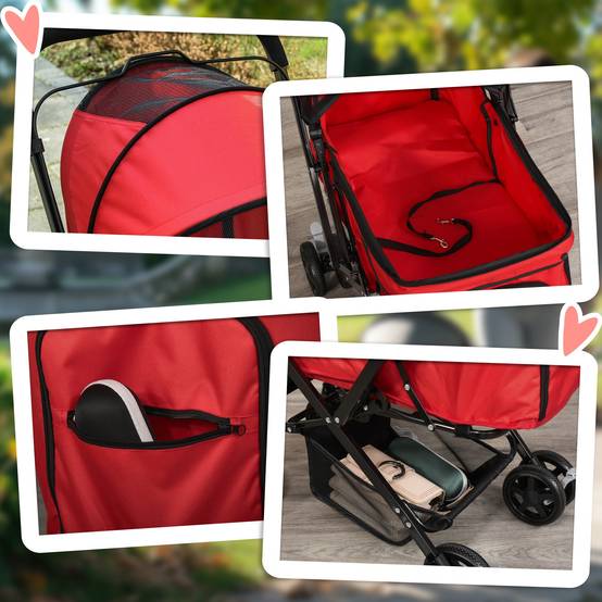 Poussette pliable pour chien avec poignée réversible, fenêtre en filet et panier de rangement, 76,5 x 52 x 95 cm, rouge - Image 10