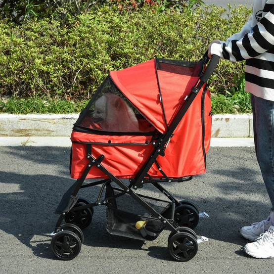 Poussette pliable pour chien avec poignée réversible, fenêtre en filet et panier de rangement, 76,5 x 52 x 95 cm, rouge - Image 3