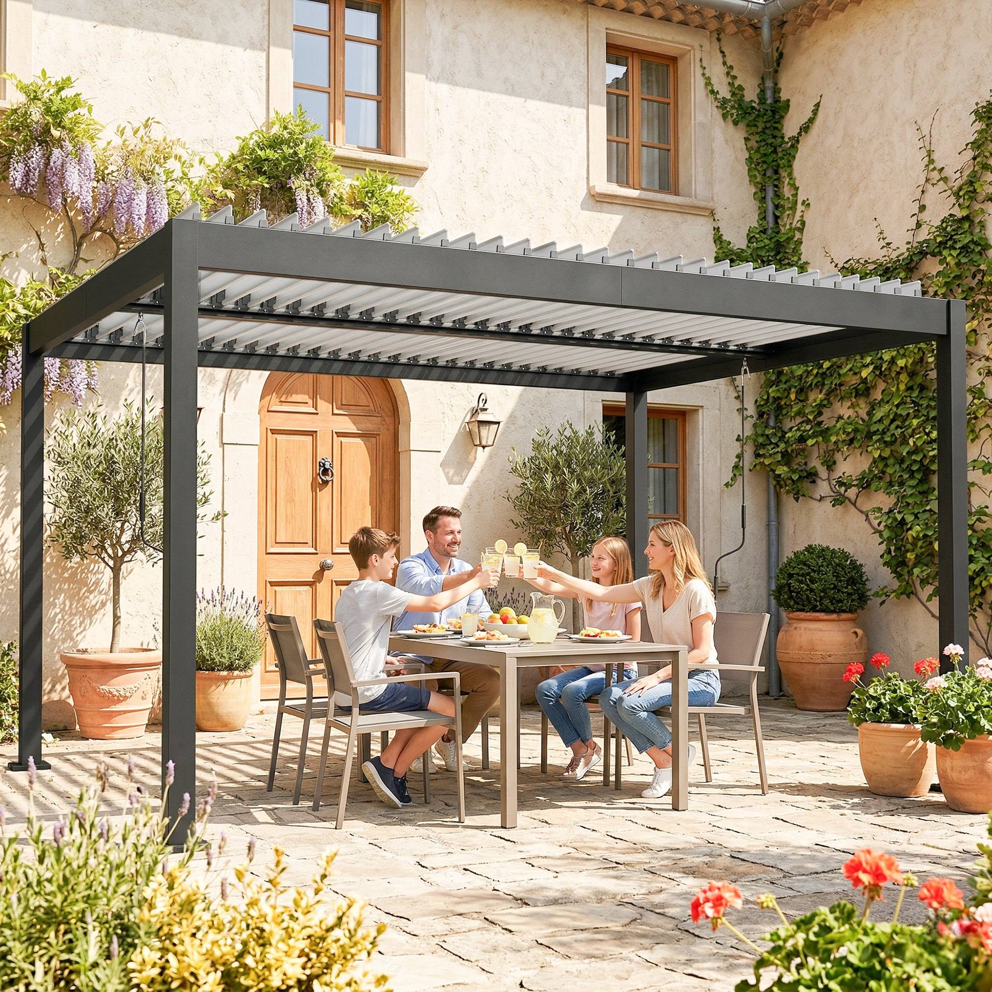 Pergola bioclimatique aluminium jardin toit lames réglables protection soleil pluie 400x300cm - ComfortXL Outdoor Living - Image 9