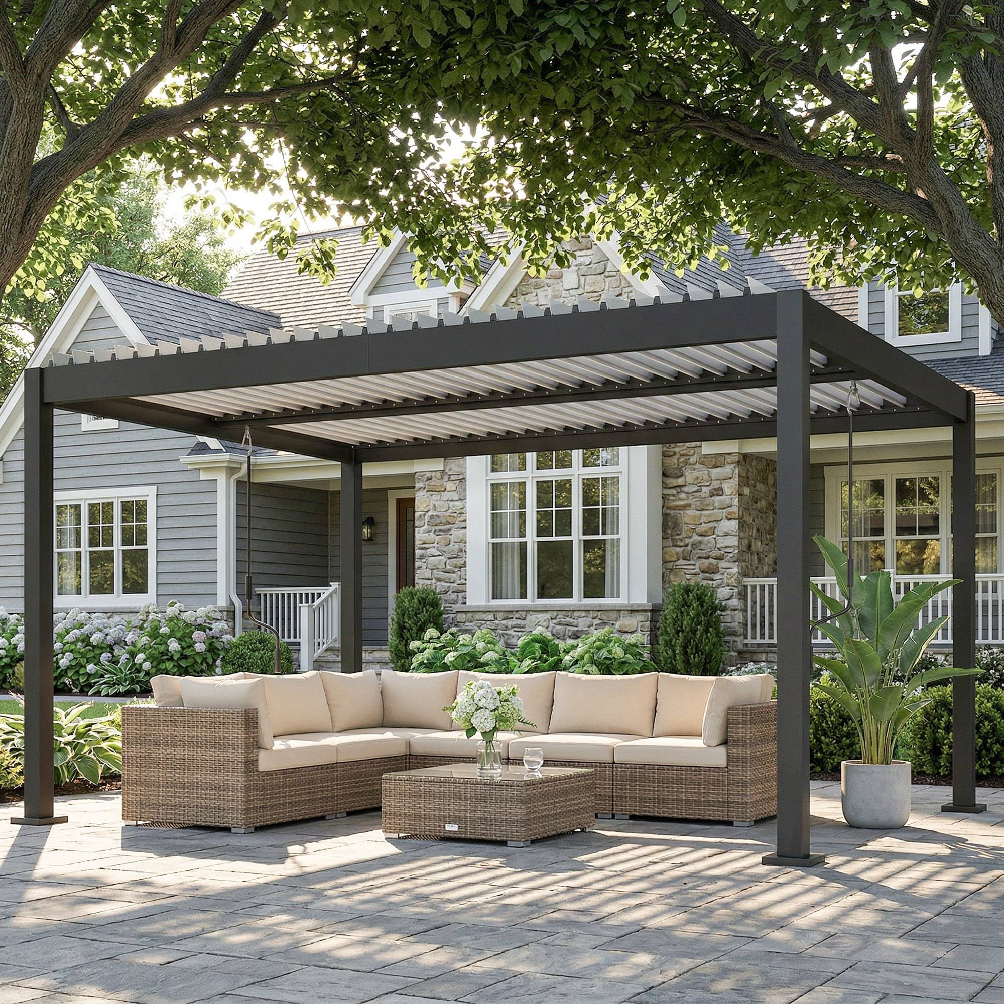 Pergola bioclimatique aluminium jardin toit lames réglables protection soleil pluie 400x300cm - ComfortXL Outdoor Living - Image 4