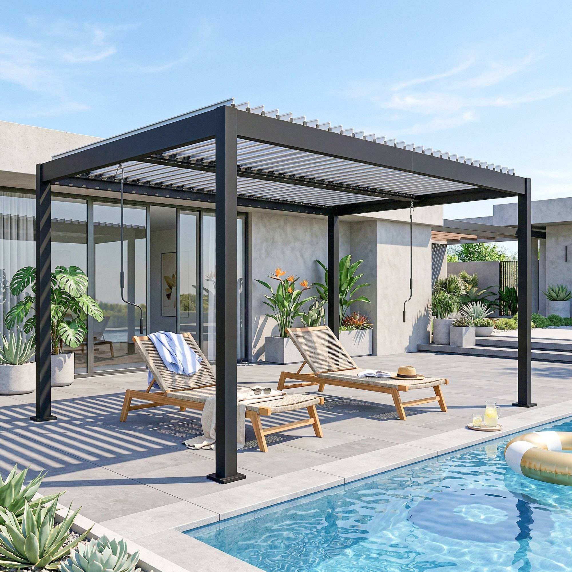 Pergola bioclimatique aluminium jardin toit lames réglables protection soleil pluie 400x300cm - ComfortXL Outdoor Living - Image 3