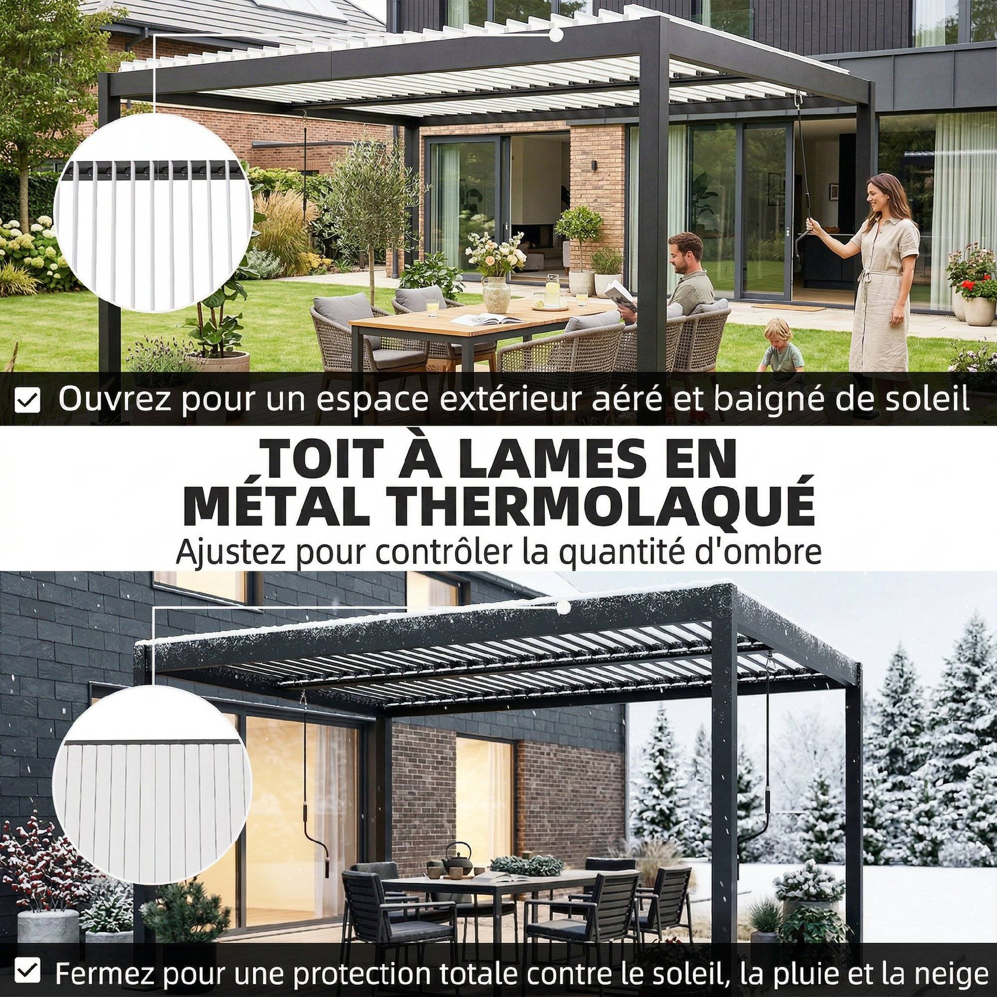 Pergola bioclimatique aluminium jardin toit lames réglables protection soleil pluie 400x300cm - ComfortXL Outdoor Living - Image 6