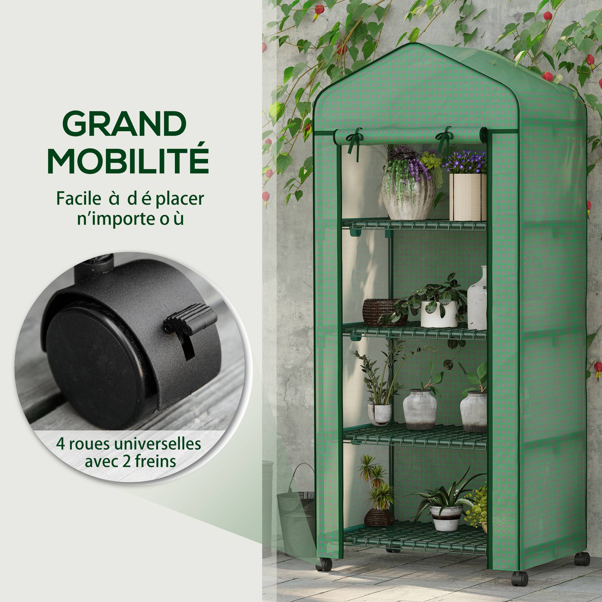 Serre balcon 4 niveaux en acier pour plantes tropicales protection 69x50x165cm vert - ComfortXL Outdoor Living - Image 7