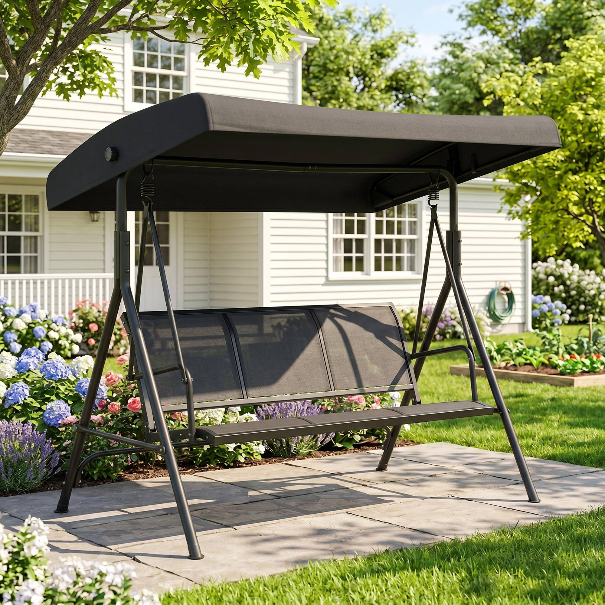 Balancelle de jardin 3 places acier pour terrasse toit pare-soleil noir 175x118x159cm - ComfortXL Outdoor Living - Image 10