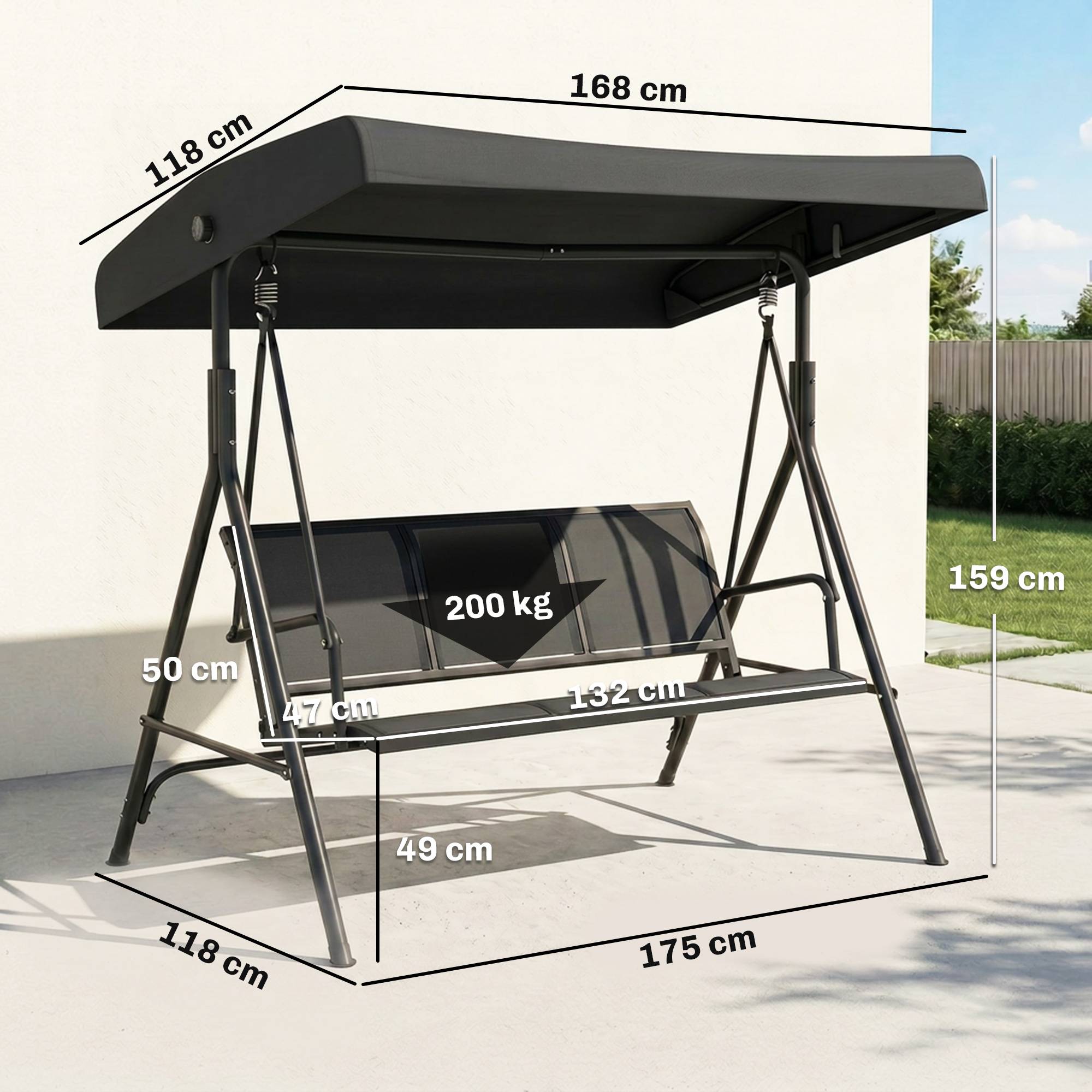Balancelle de jardin 3 places acier pour terrasse toit pare-soleil noir 175x118x159cm - ComfortXL Outdoor Living - Image 5