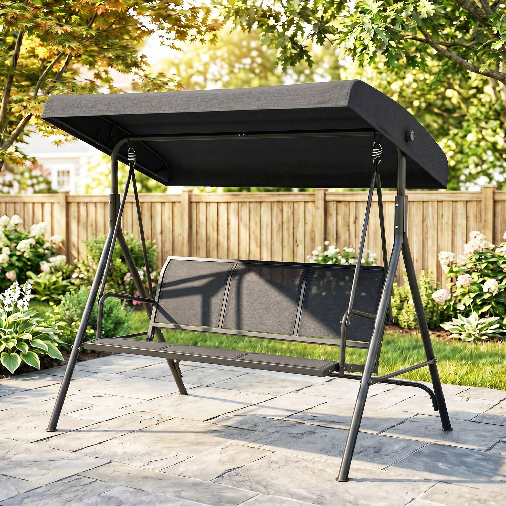 Balancelle de jardin 3 places acier pour terrasse toit pare-soleil noir 175x118x159cm - ComfortXL Outdoor Living - Image 4