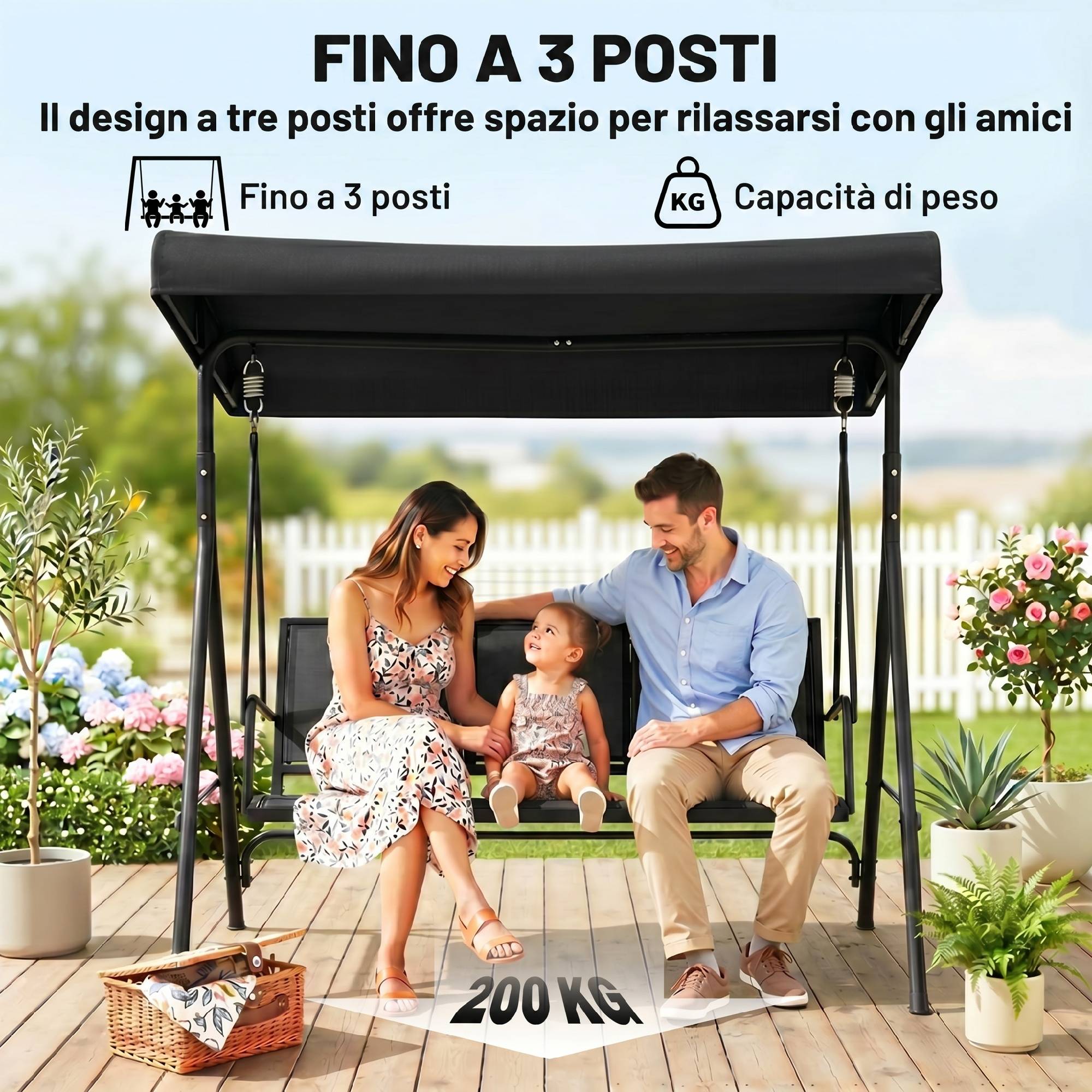 Balancelle de jardin 3 places acier pour terrasse toit pare-soleil noir 175x118x159cm - ComfortXL Outdoor Living - Image 8