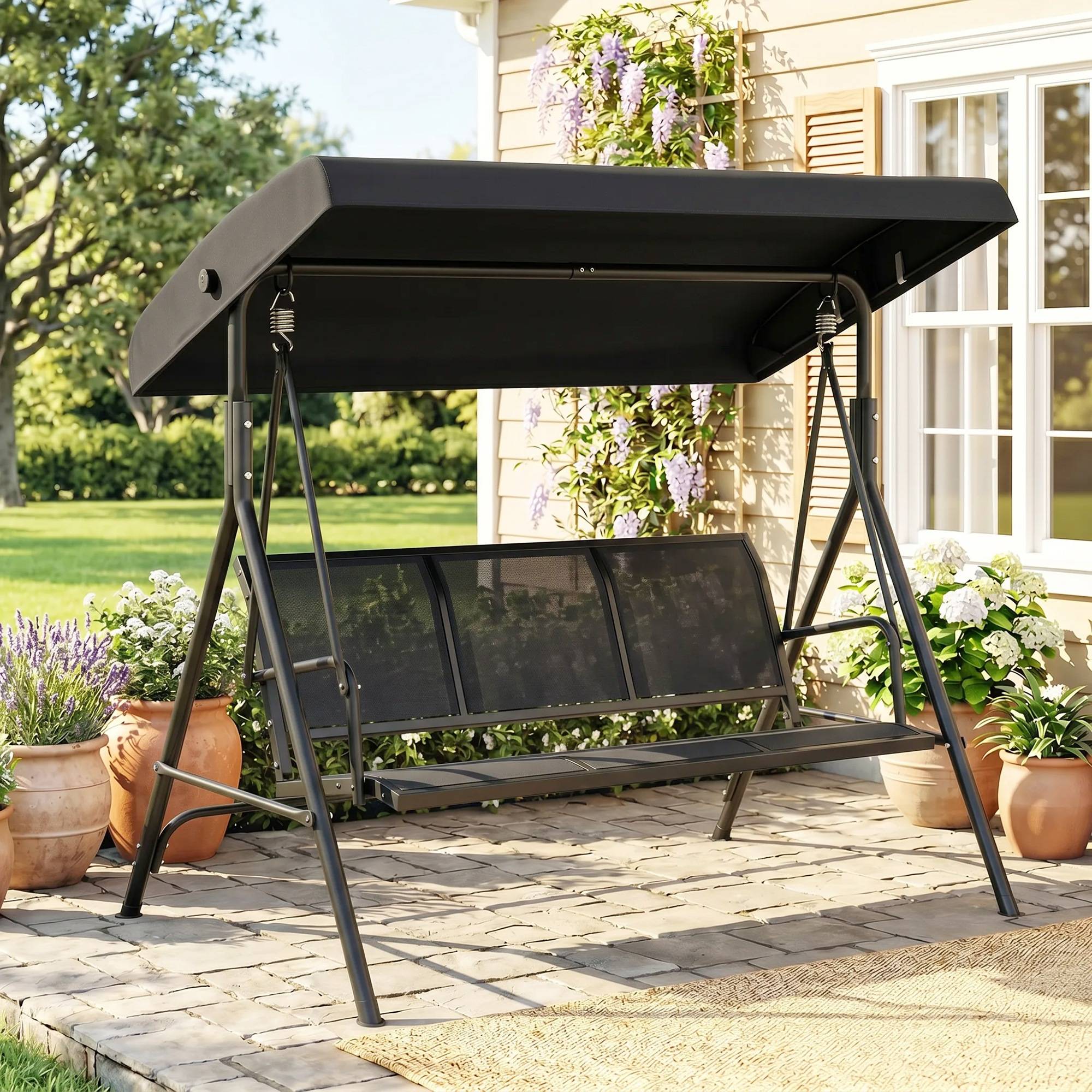 Balancelle de jardin 3 places acier pour terrasse toit pare-soleil noir 175x118x159cm - ComfortXL Outdoor Living - Image 3