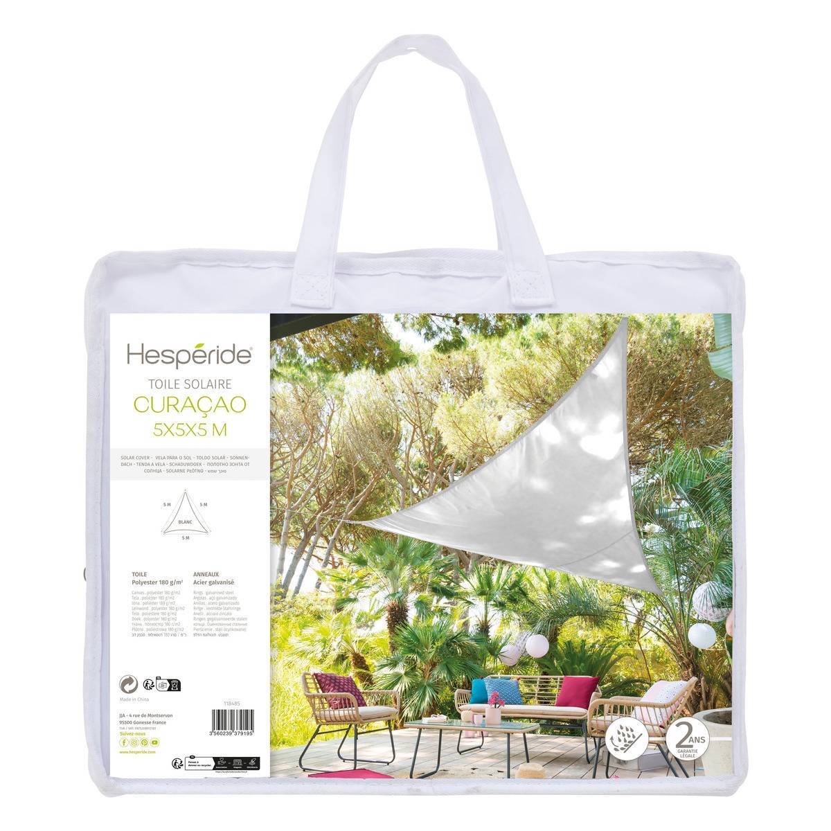 Hesperide - Vela de sombra triangular "Curacao" blanco 5x5x5m en poliéster Hespéride - Imagen 2