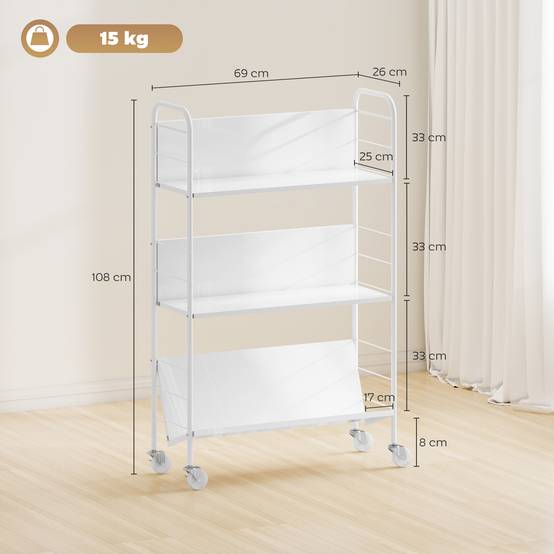 Étagère à livres/rangement à 3 niveaux, à roulettes, étagère à jouets pour chambre, 69 x 26 x 108 cm, blanche - Image 5