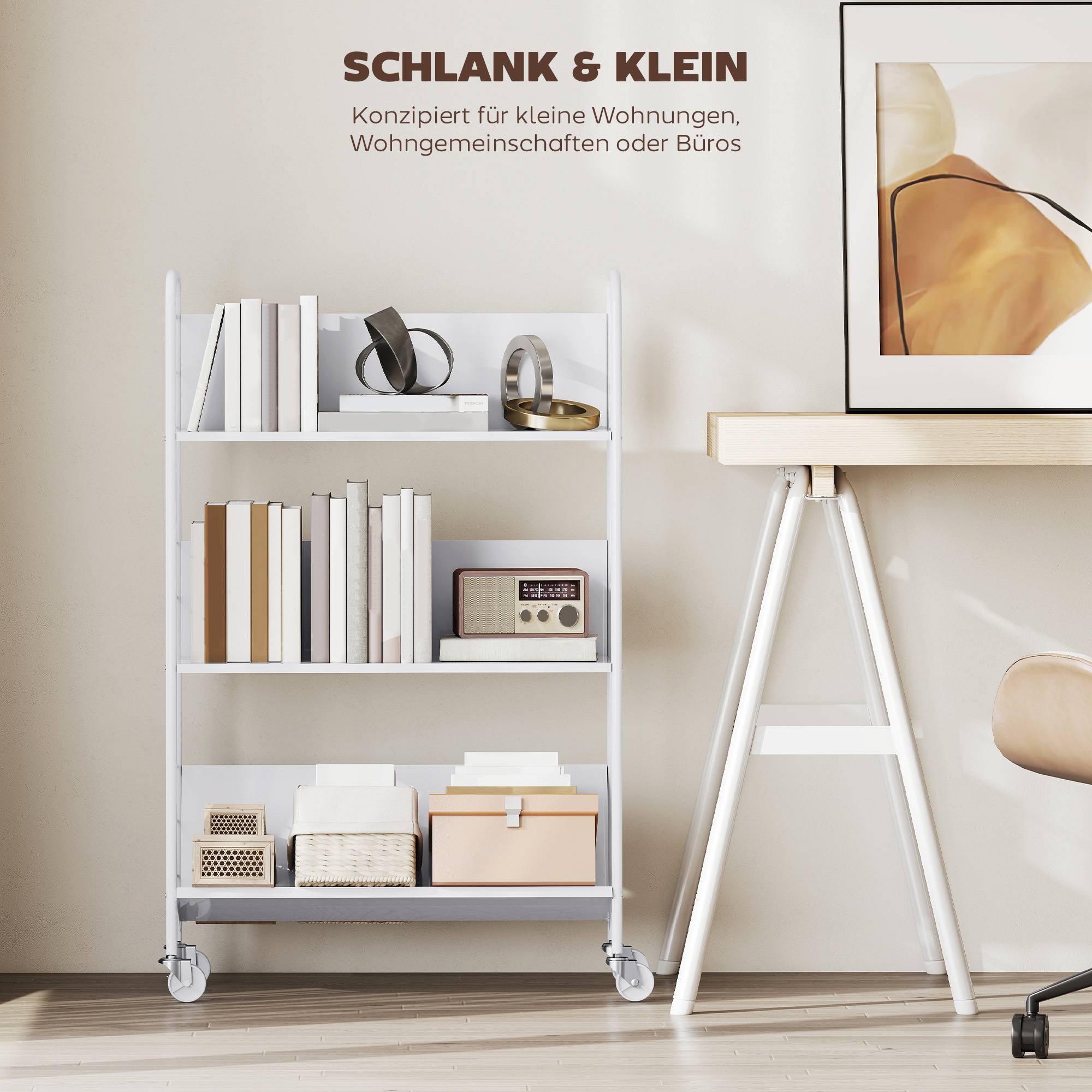 Étagère à livres/rangement à 3 niveaux, à roulettes, étagère à jouets pour chambre, 69 x 26 x 108 cm, blanche - Image 9