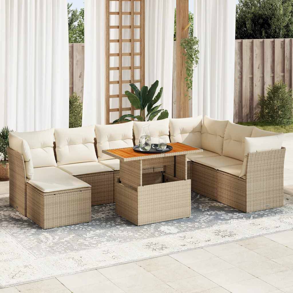 Salon de jardin 9 places beige avec pouf de rangement résine tressée et table en bois – ComfortXL Outdoor Living - Image 1