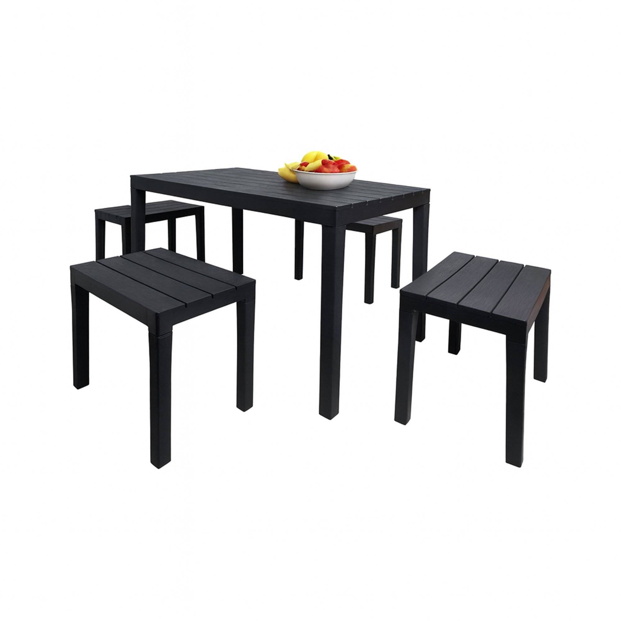Dmora - Salon d'extérieur Dmascar, Composition de jardin avec 1 table rectangulaire et 4 bancs, Salon intérieur et extérieur de Pic Nic, Anthracite - Dmora - Imagen 1