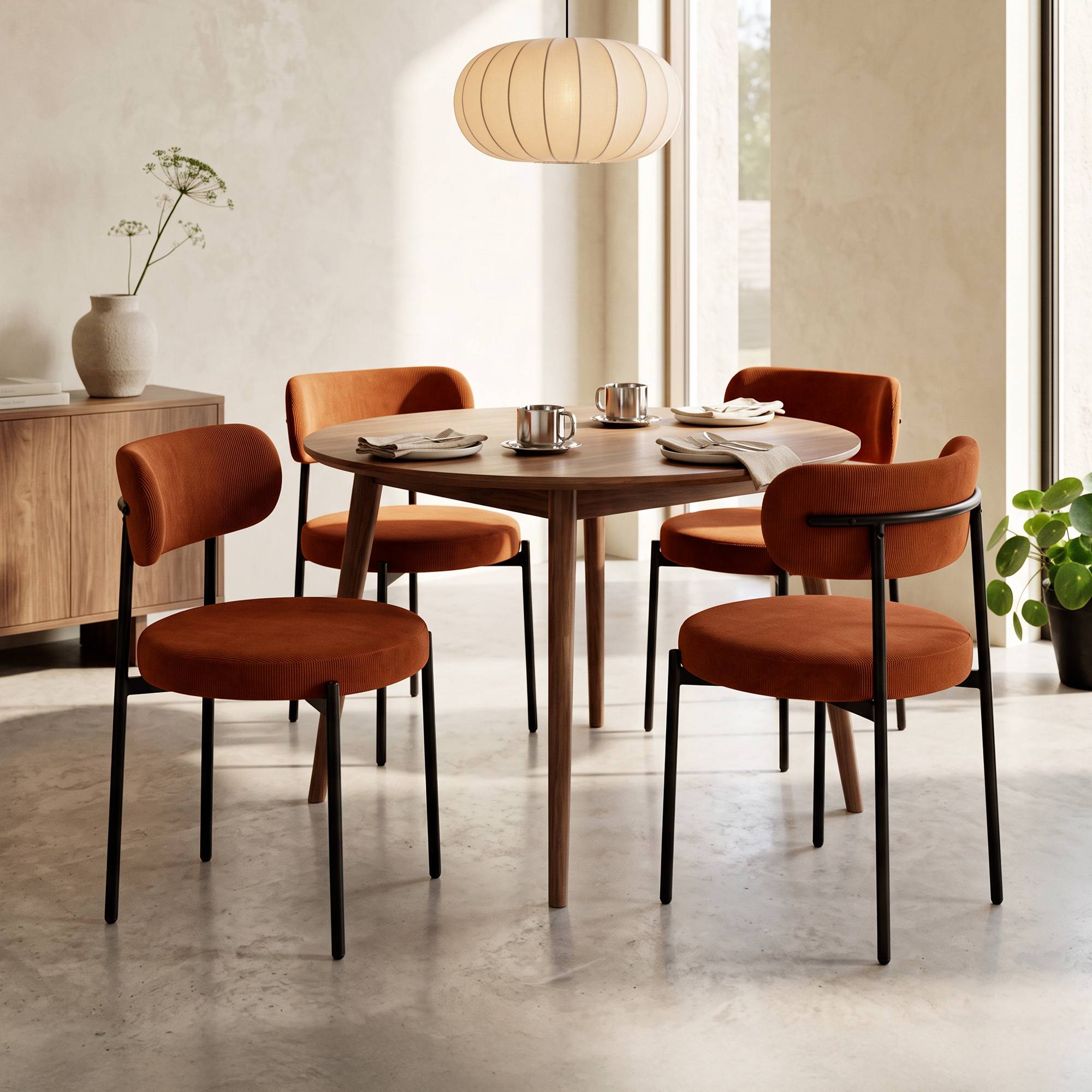 Sicaan Lot de 4 chaises rembourrées velours côtelé terracotta et pieds métal noir IRIS - Image 1