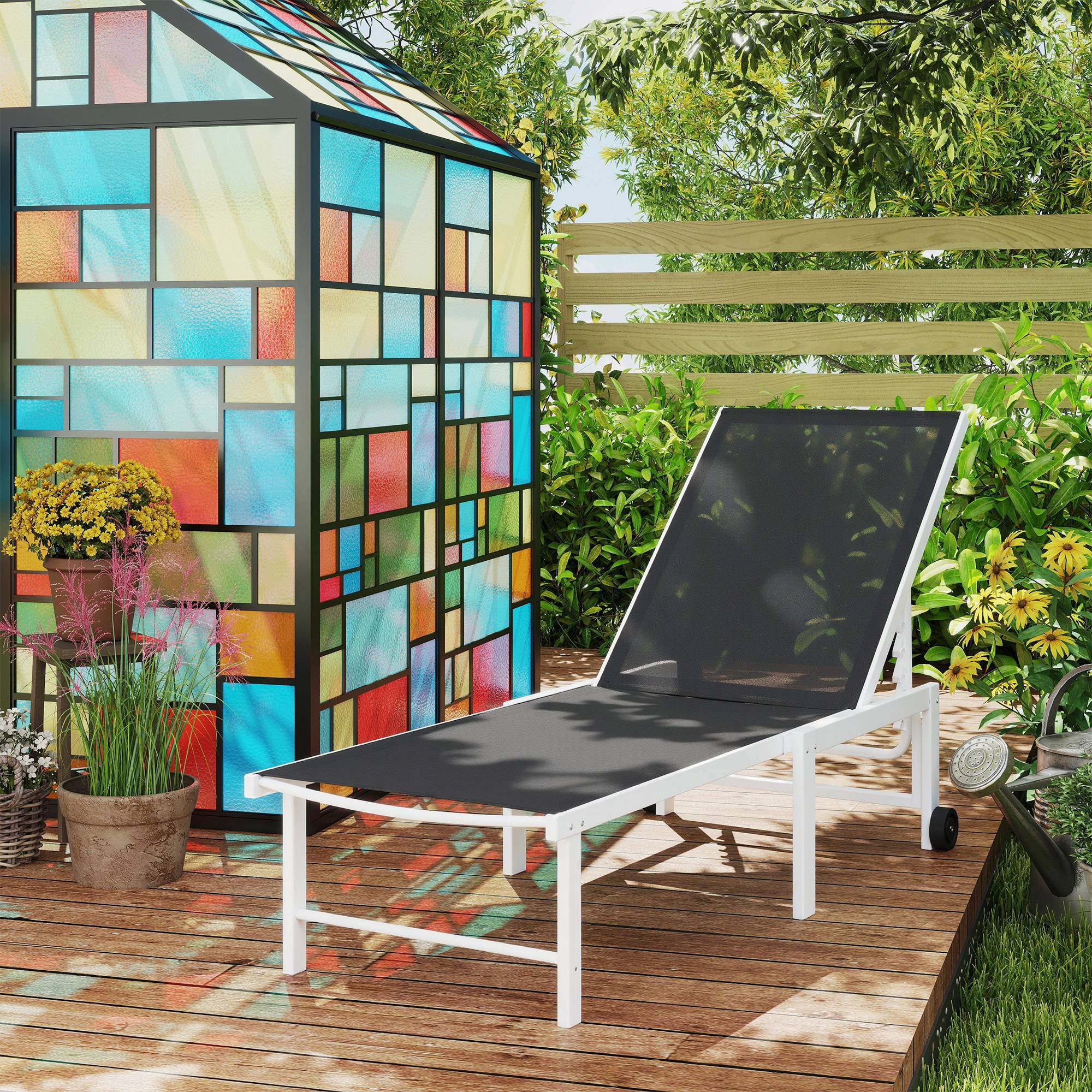 Transat gris inclinable à roulettes dossier 5 positions structure acier, chaise longue jardin mobile - Image 4