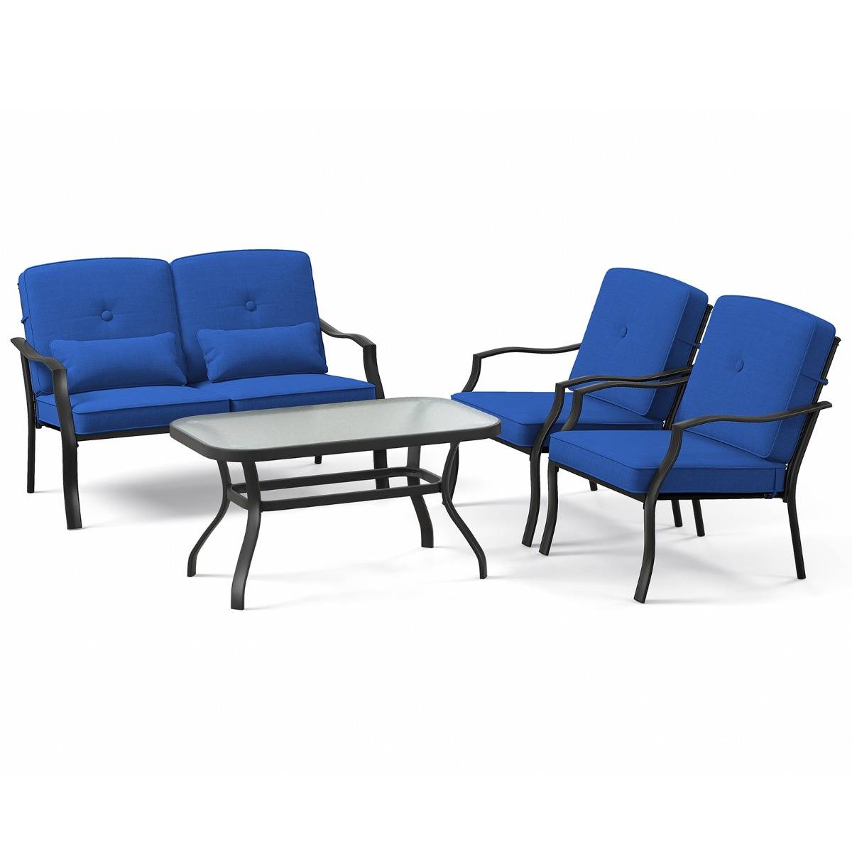 Maison Chic - 4 Pcs Salon de Jardin en Métal Table Basse en Verre Trempé 2 Chaises Simples Canapé Double 4 Coussins 2 Oreillers Bleu - Image 1