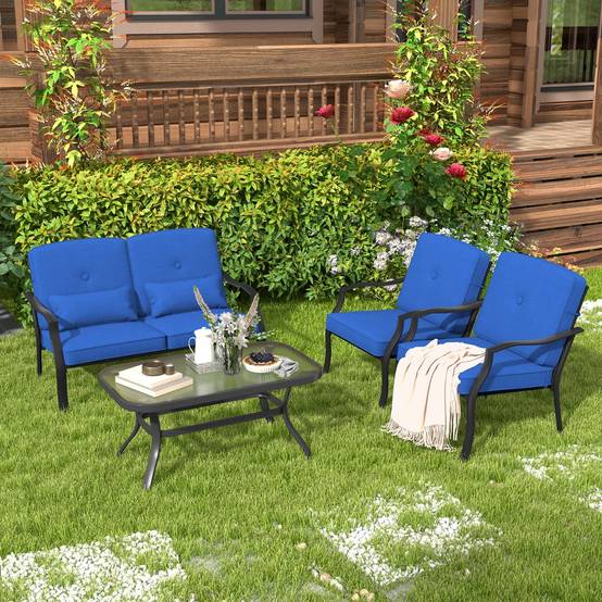 Maison Chic - 4 Pcs Salon de Jardin en Métal Table Basse en Verre Trempé 2 Chaises Simples Canapé Double 4 Coussins 2 Oreillers Bleu - Image 2