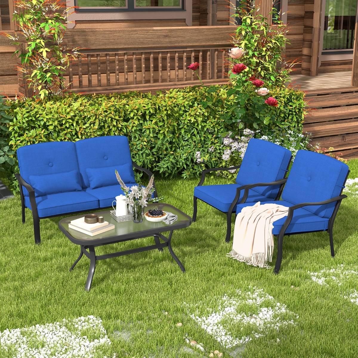 Maison Chic - 4 Pcs Salon de Jardin en Métal Table Basse en Verre Trempé 2 Chaises Simples Canapé Double 4 Coussins 2 Oreillers Bleu - Image 2
