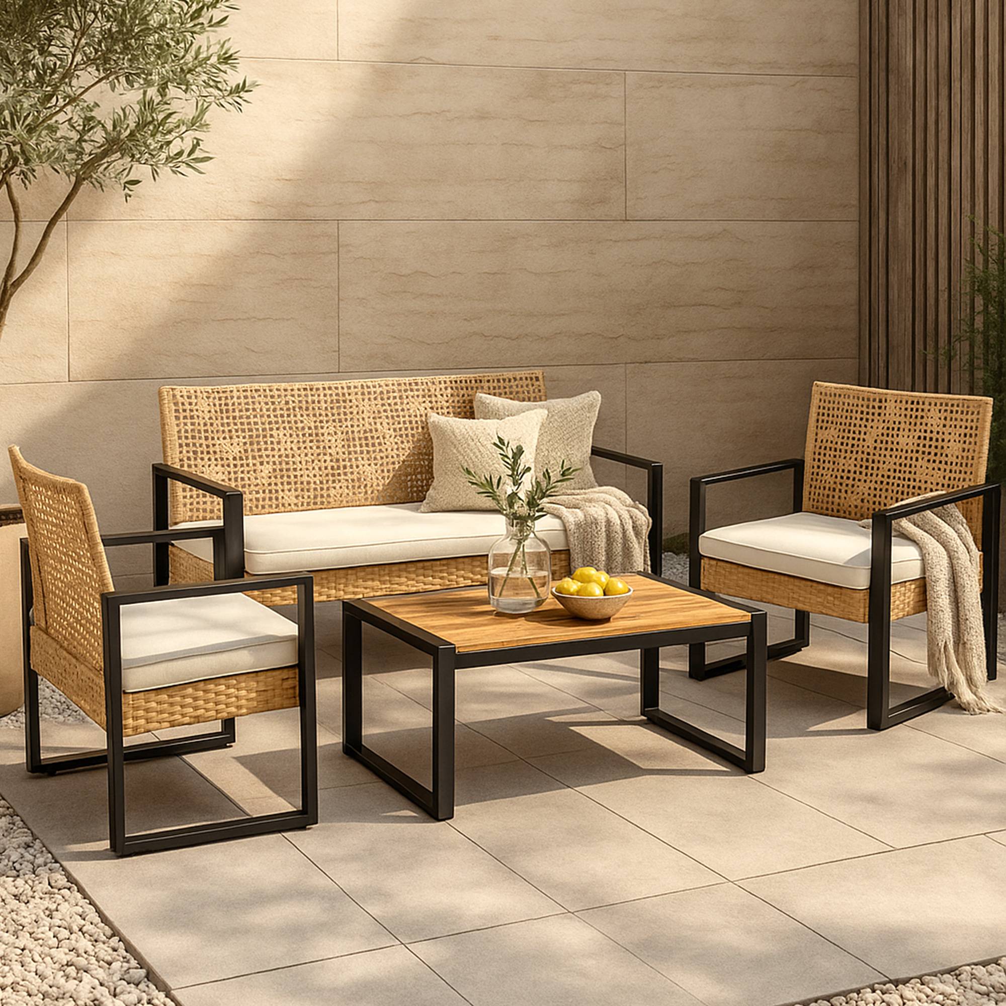 Casa.Pro - Salon de jardin 4 pièces Calciano aspect rotin beige noir naturel casa.pro - Imagen 6