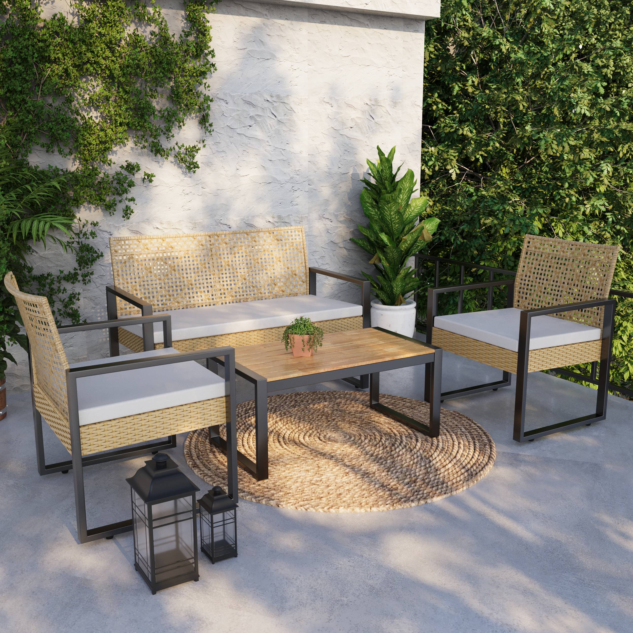 Casa.Pro - Salon de jardin 4 pièces Calciano aspect rotin beige noir naturel casa.pro - Imagen 2