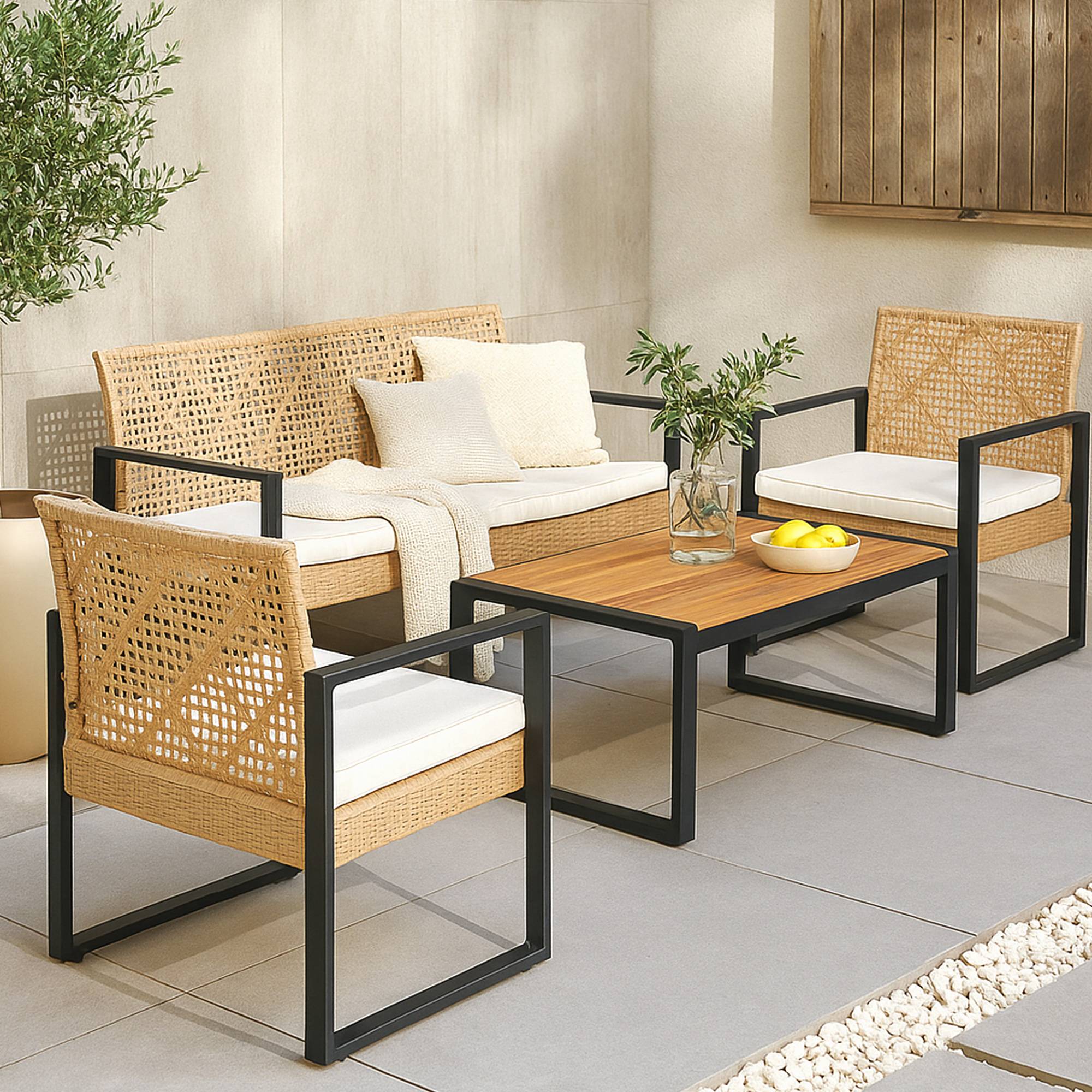 Casa.Pro - Salon de jardin 4 pièces Calciano aspect rotin beige noir naturel casa.pro - Imagen 5