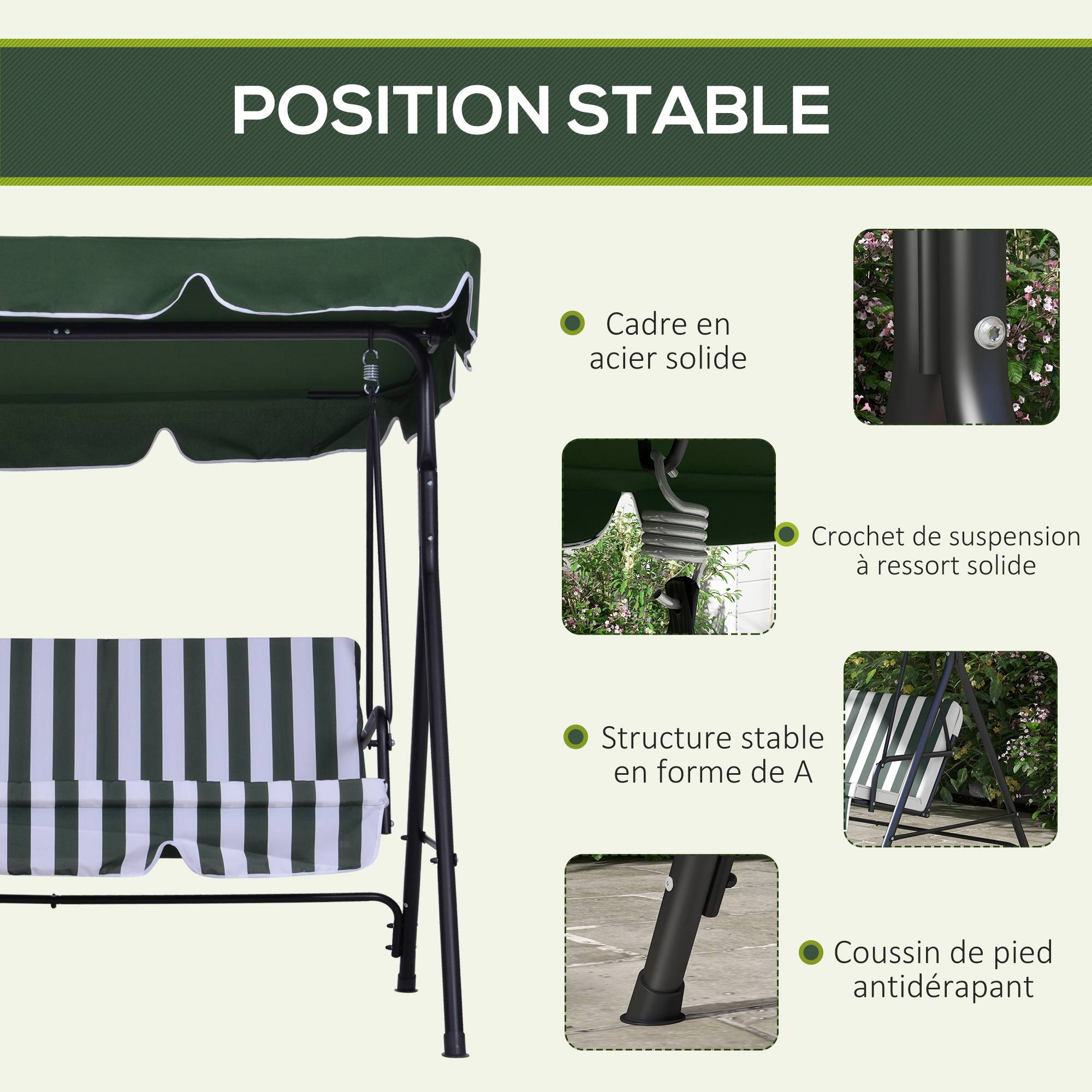 Balancelle de jardin 3 places acier terrasse toit inclinable coussins grand confort vert - ComfortXL Outdoor Living - Image 7