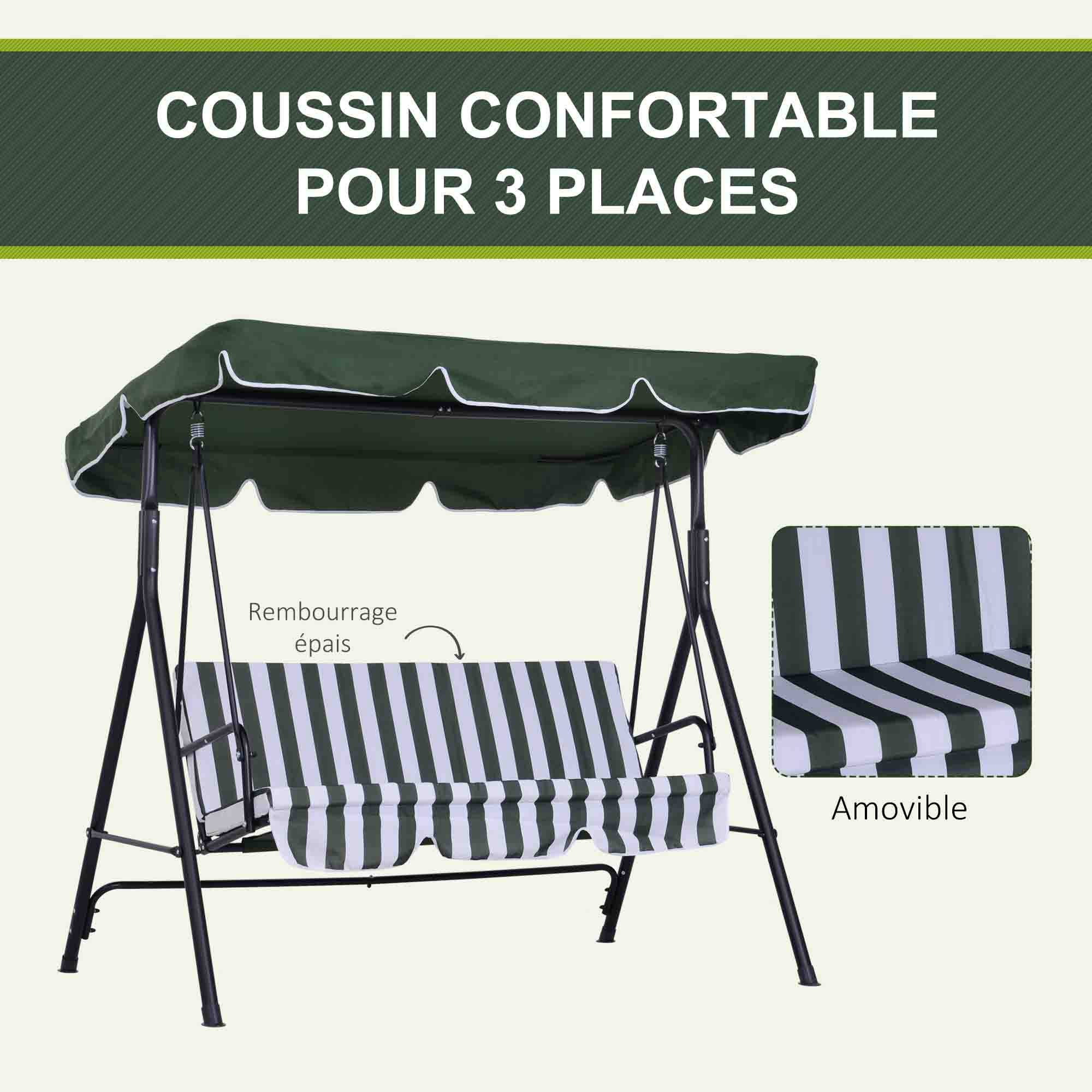 Balancelle de jardin 3 places acier terrasse toit inclinable coussins grand confort vert - ComfortXL Outdoor Living - Image 9