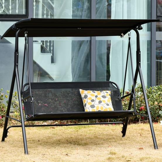 Balançoire de jardin 2 places, toit réglable anti-UV métal et texteline, 172x110x155cm, noire - Image 2
