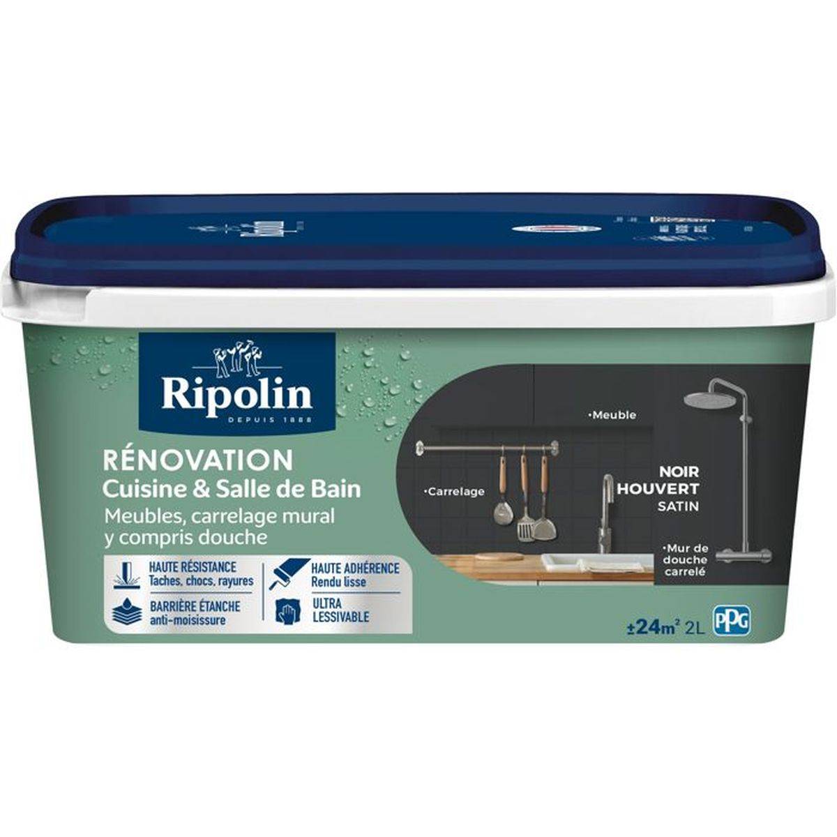 Ripolin - Peinture de rénovation Cuisine et Bain satin noir houvert 2L, 2 en 1 - RIPOLIN - Image 1