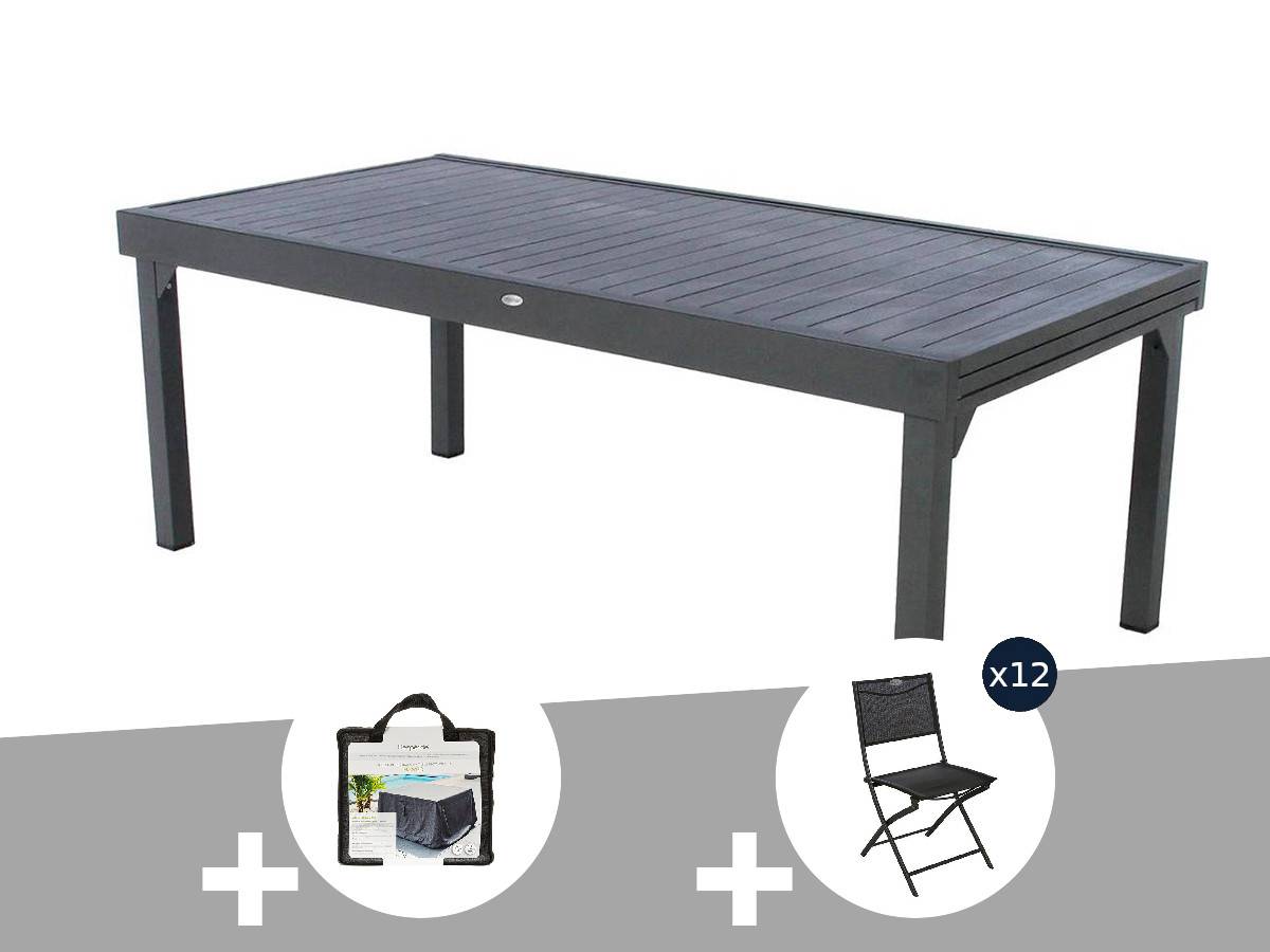Hesperide - Table extensible rectangulaire alu Piazza 10/12 places Graphite + Housse + 12 chaises Modula  - Hespéride