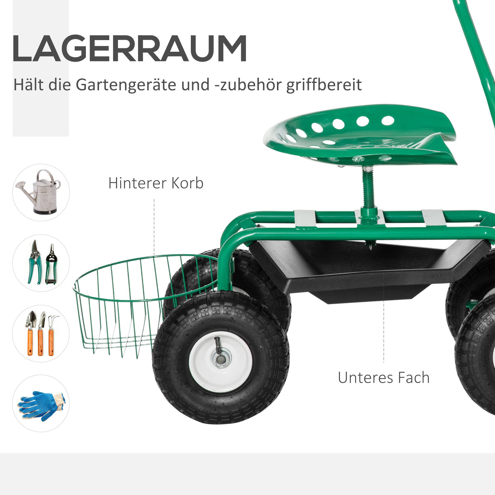 ComfortXL - Siège de jardin roulant métal vert 81 cm chariot de jardinage assise pivotante 360° réglable charge 150 kg - Image 4