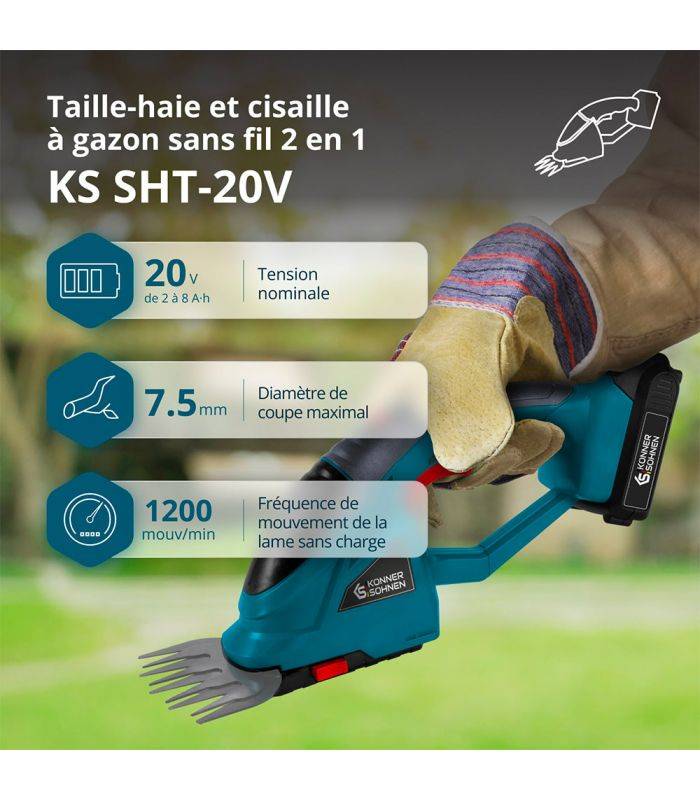 Taille-haie et cisaille à gazon 2 en 1 sans fil avec manche télescopique Könner & Söhnen KS SHT-20V + Extension Pole - Image 2