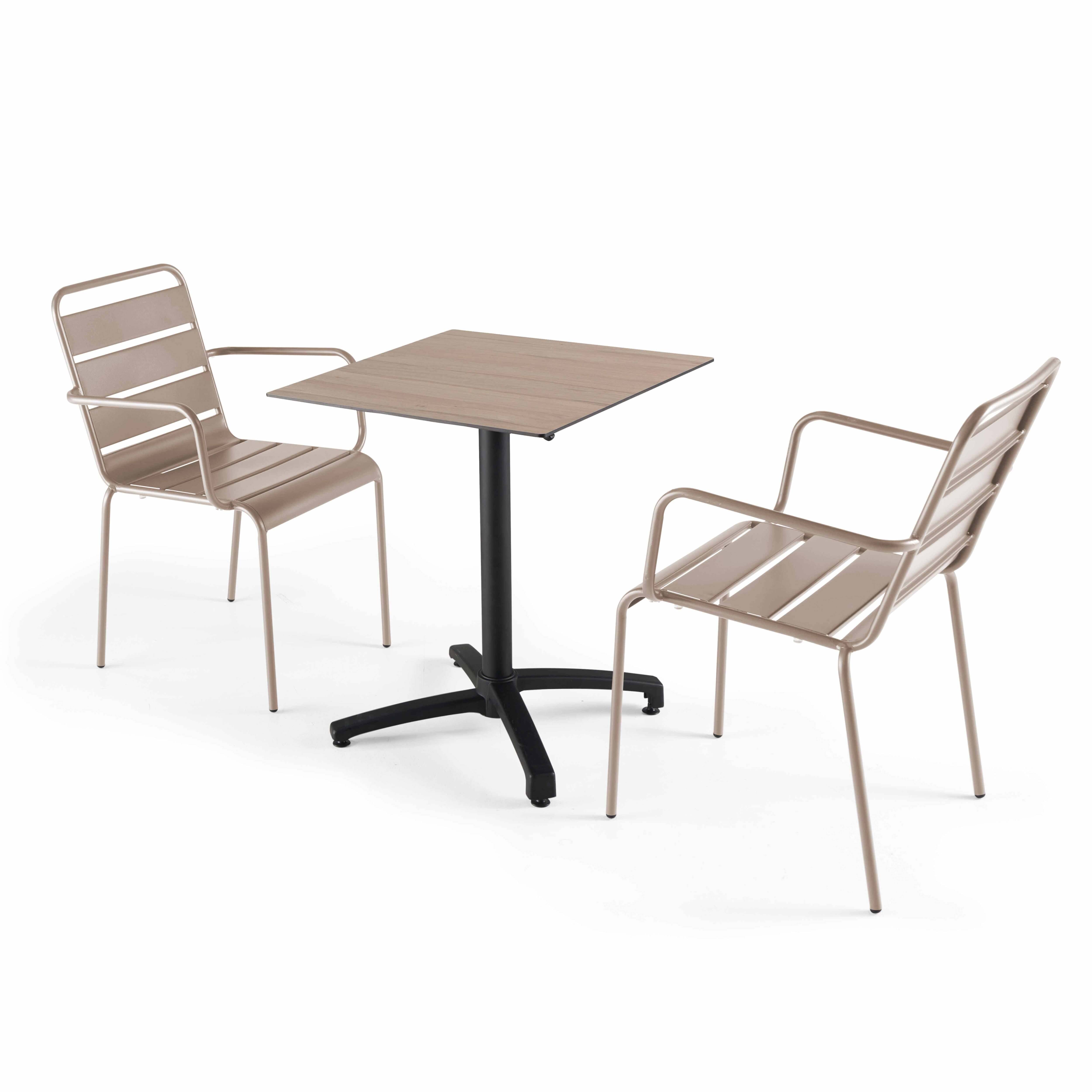 Oviala - Ensemble table 60 cm chêne clair et 2 fauteuils en métal taupe - Oviala - Imagen 1