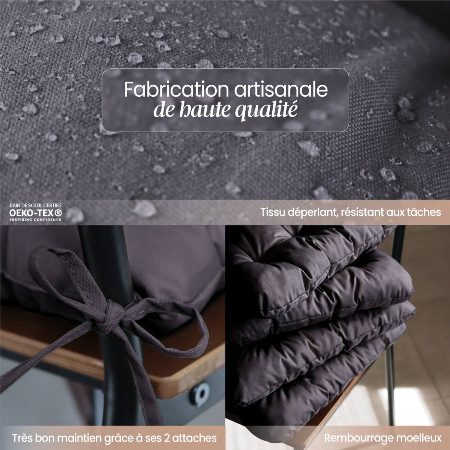 Linxor - Lot de 4 galettes, coussins carrés capitonnés pour chaise - Gris foncé - Linxor - Imagen 3