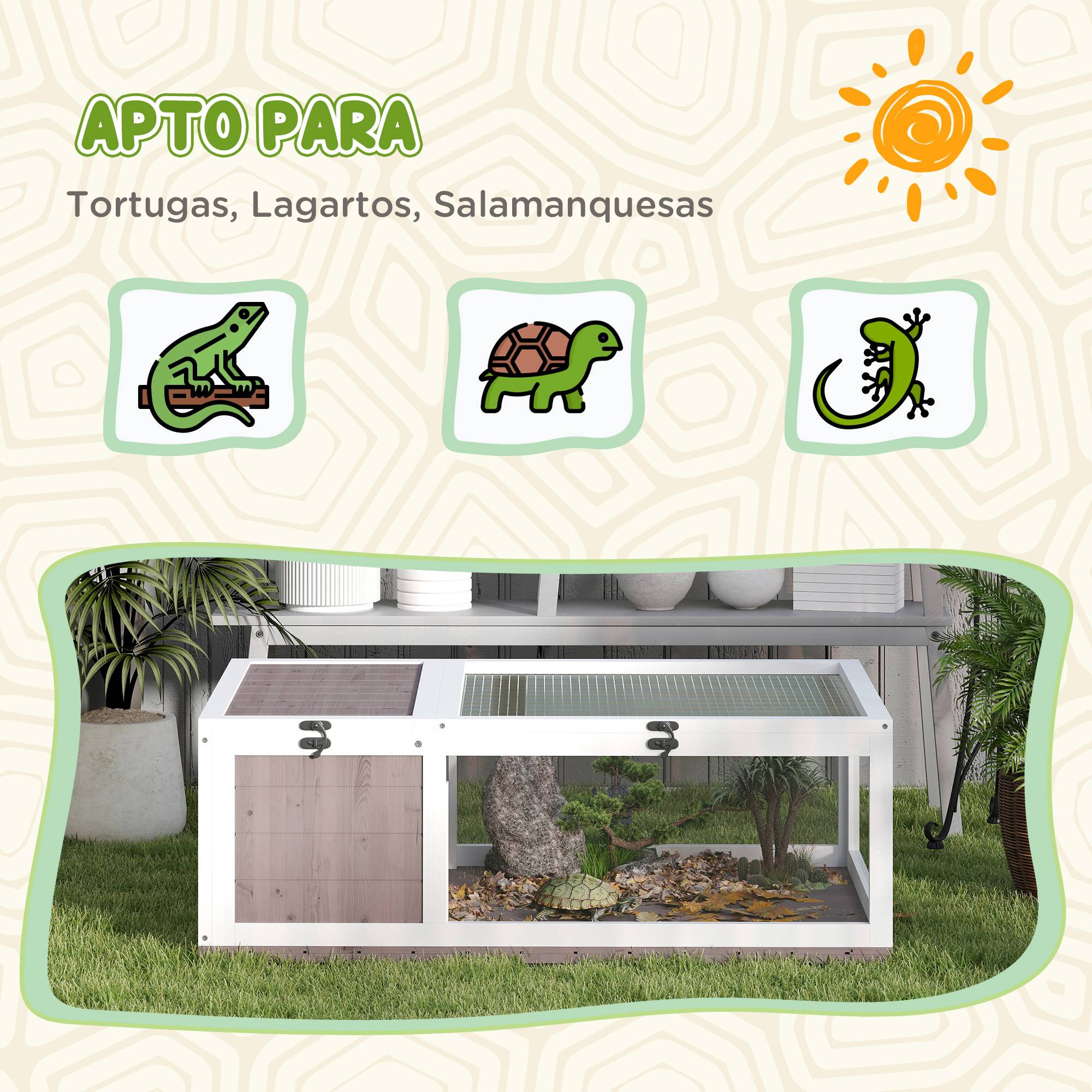 Niche en bois pour tortues avec toit en filet et panneaux latéraux transparents amovibles 91 x 60,5 x 32 cm Marron clair - Image 9