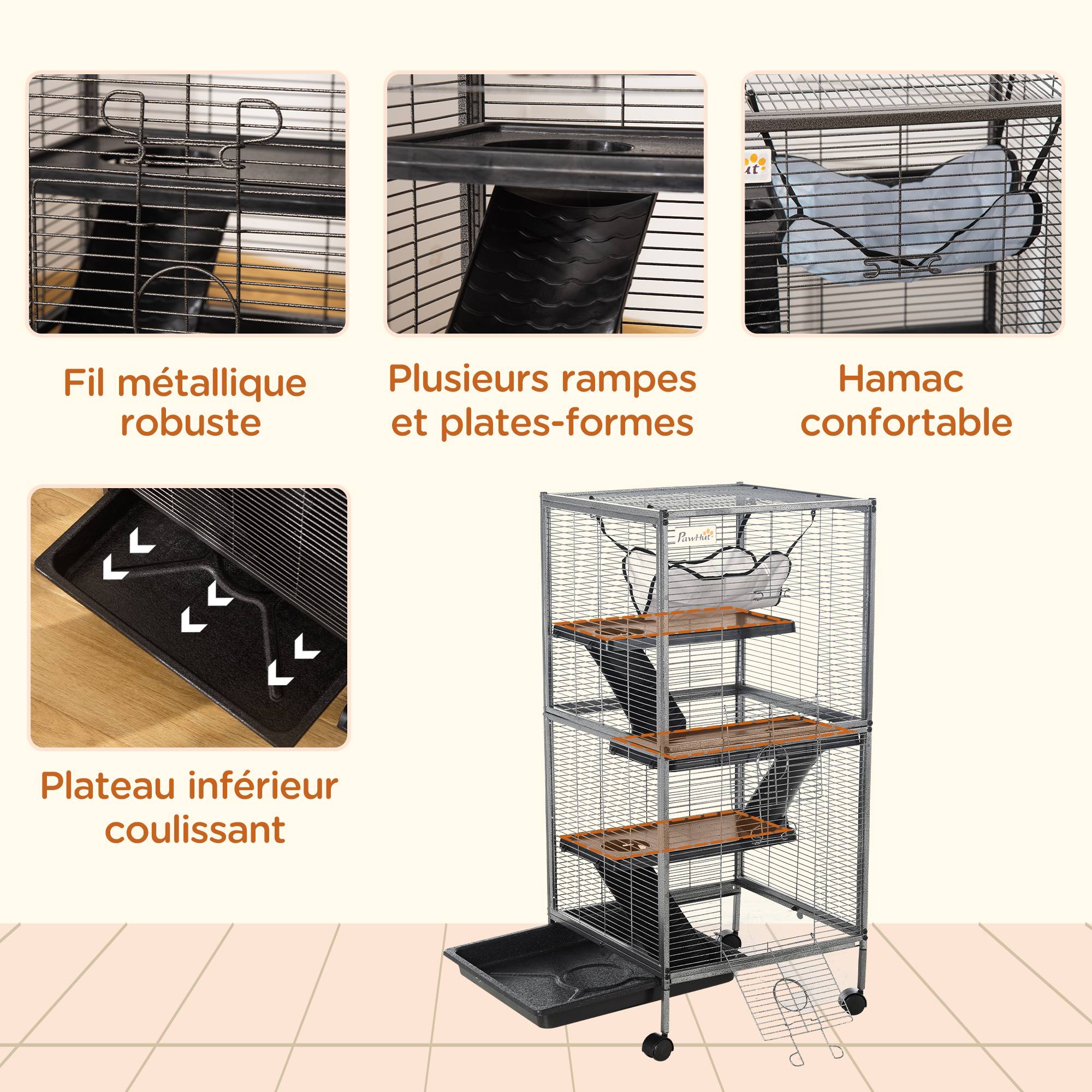 Cage petits animaux métal furet chinchilla 4 niveaux sur roulettes 52x52x114cm gris - ComfortXL Outdoor Living - Image 8