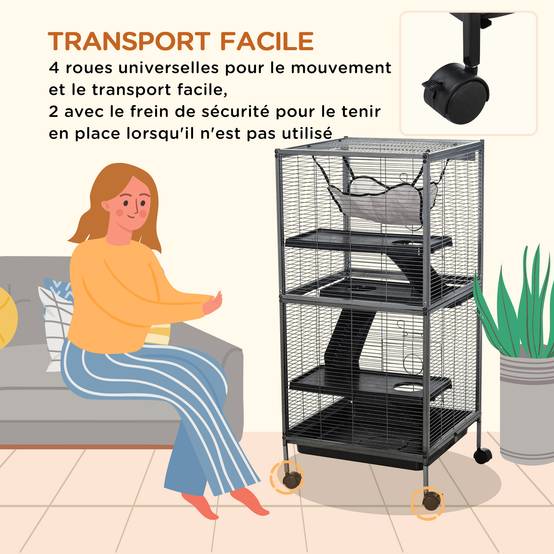 Cage petits animaux métal furet chinchilla 4 niveaux sur roulettes 52x52x114cm gris - ComfortXL Outdoor Living - Image 7