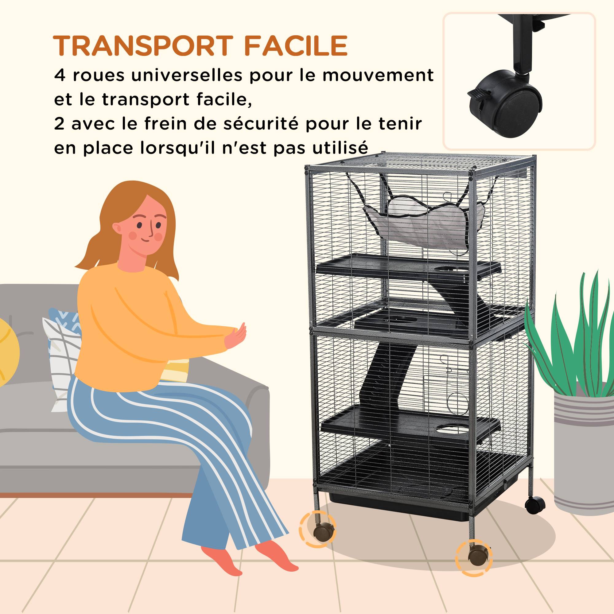 Cage petits animaux métal furet chinchilla 4 niveaux sur roulettes 52x52x114cm gris - ComfortXL Outdoor Living - Image 7