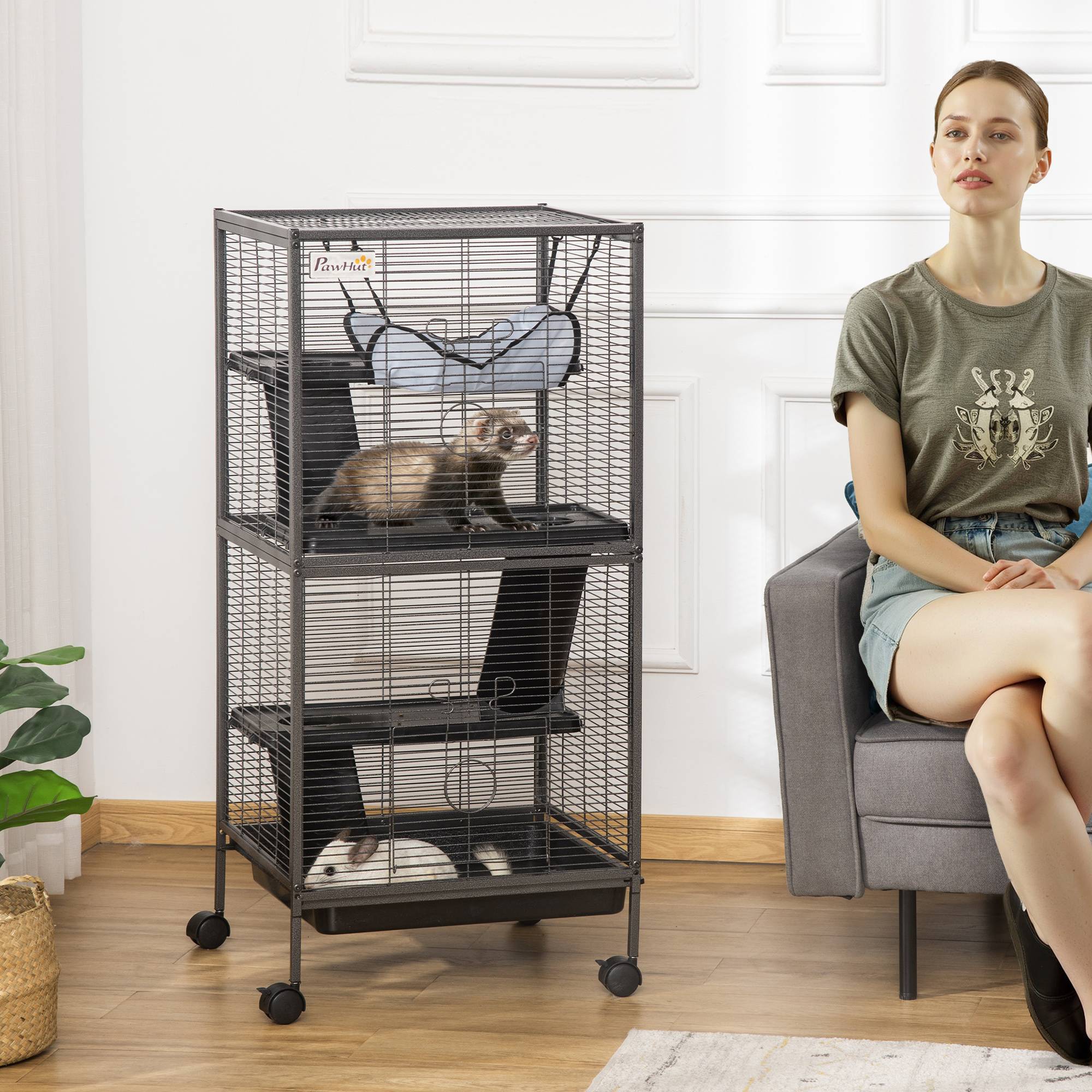 Cage petits animaux métal furet chinchilla 4 niveaux sur roulettes 52x52x114cm gris - ComfortXL Outdoor Living - Image 3
