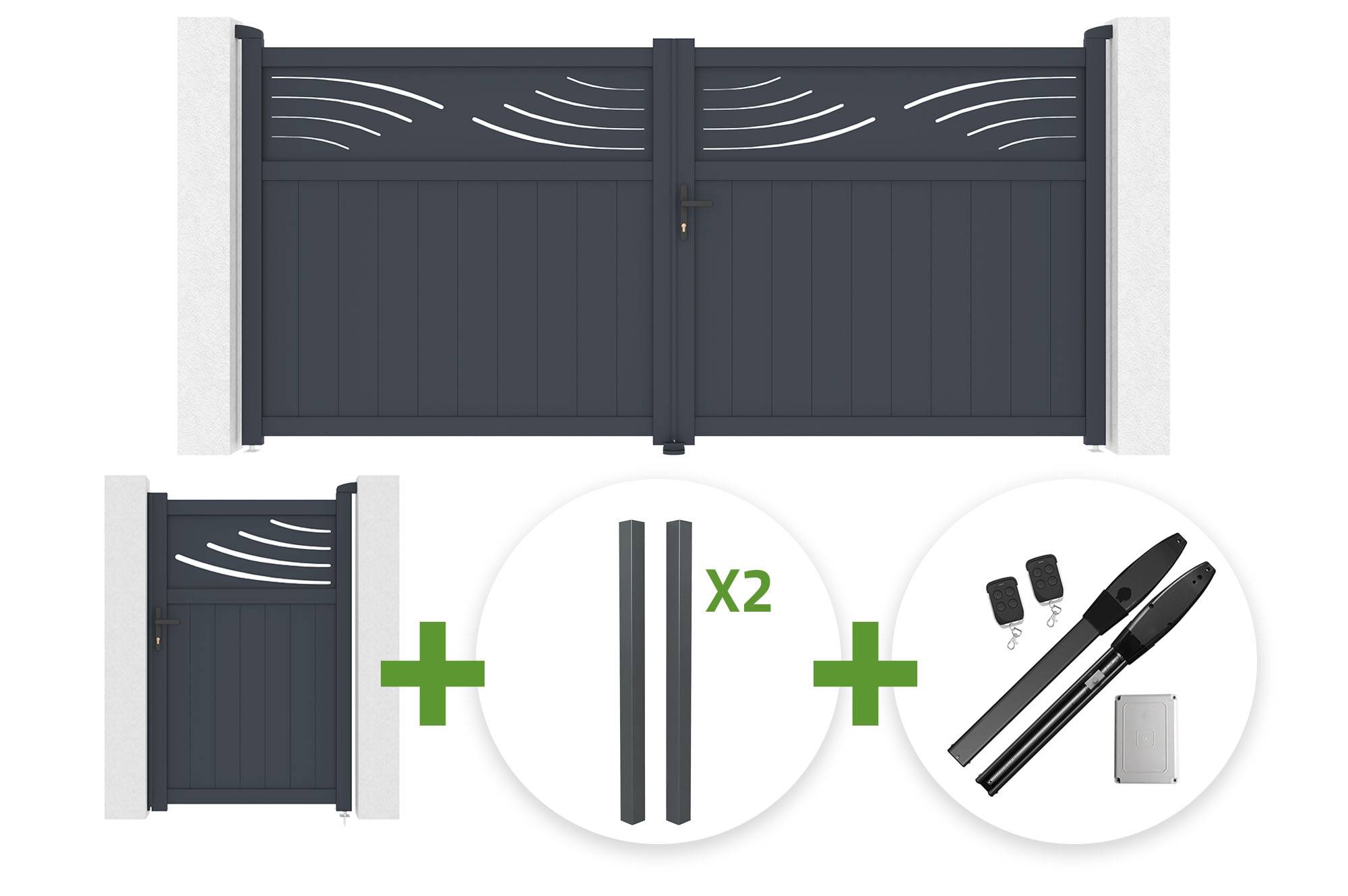 CASANOOV - Portail battant HALTI 3.4m H.160cm aluminium gris + 4 poteaux ELDA + Portillon 1m HALTI H.160cm aluminium gris + motorisation Hicker B200 - Image 1