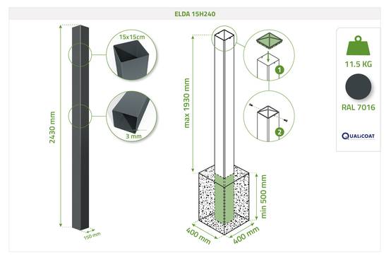 CASANOOV - Portail battant HALTI 3.4m H.160cm aluminium gris + 4 poteaux ELDA + Portillon 1m HALTI H.160cm aluminium gris + motorisation Hicker B200 - Image 3